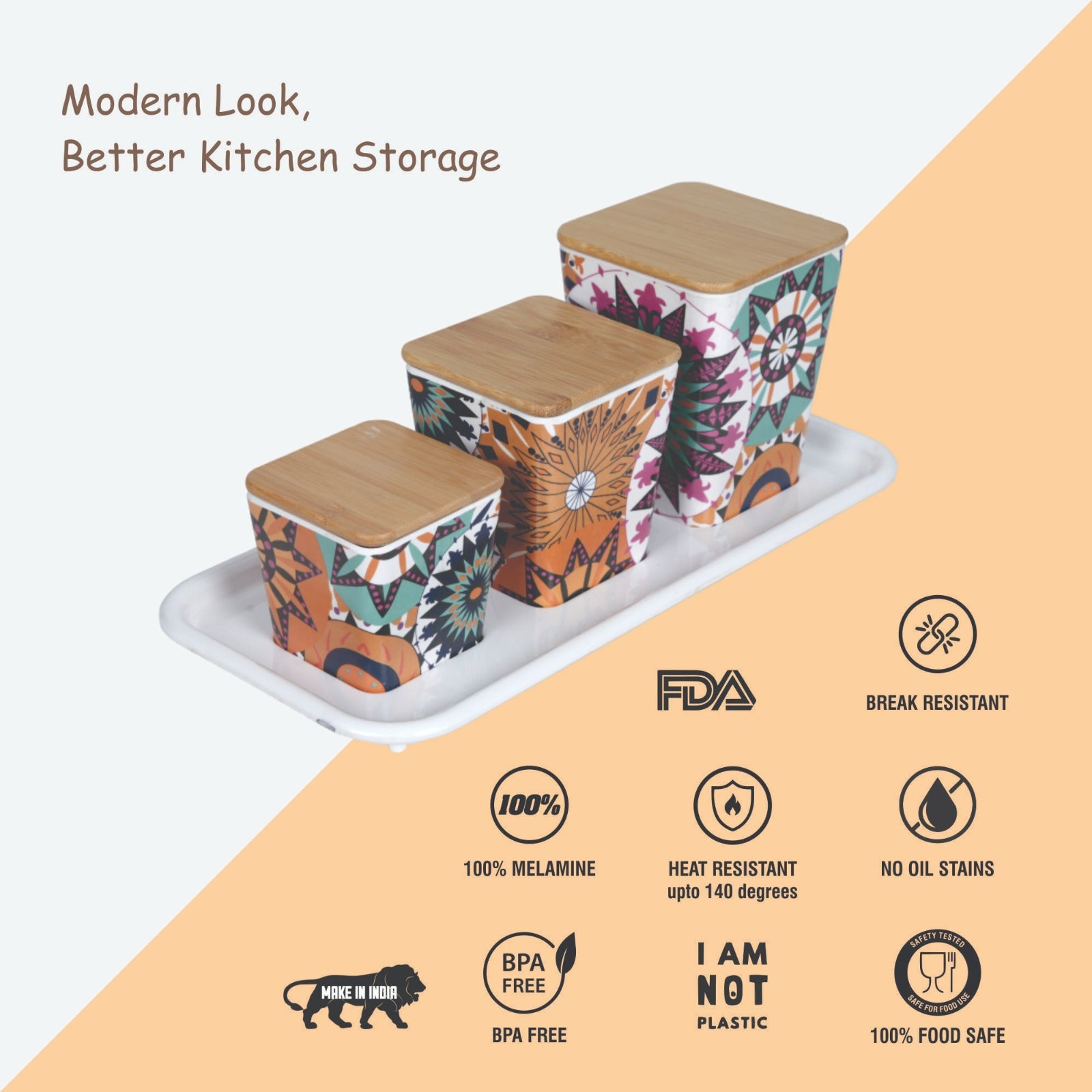 Stehlen 100% Pure melamine 3 pcs wooden lid canister set with melamine tray, SET OF 4- Moroccan