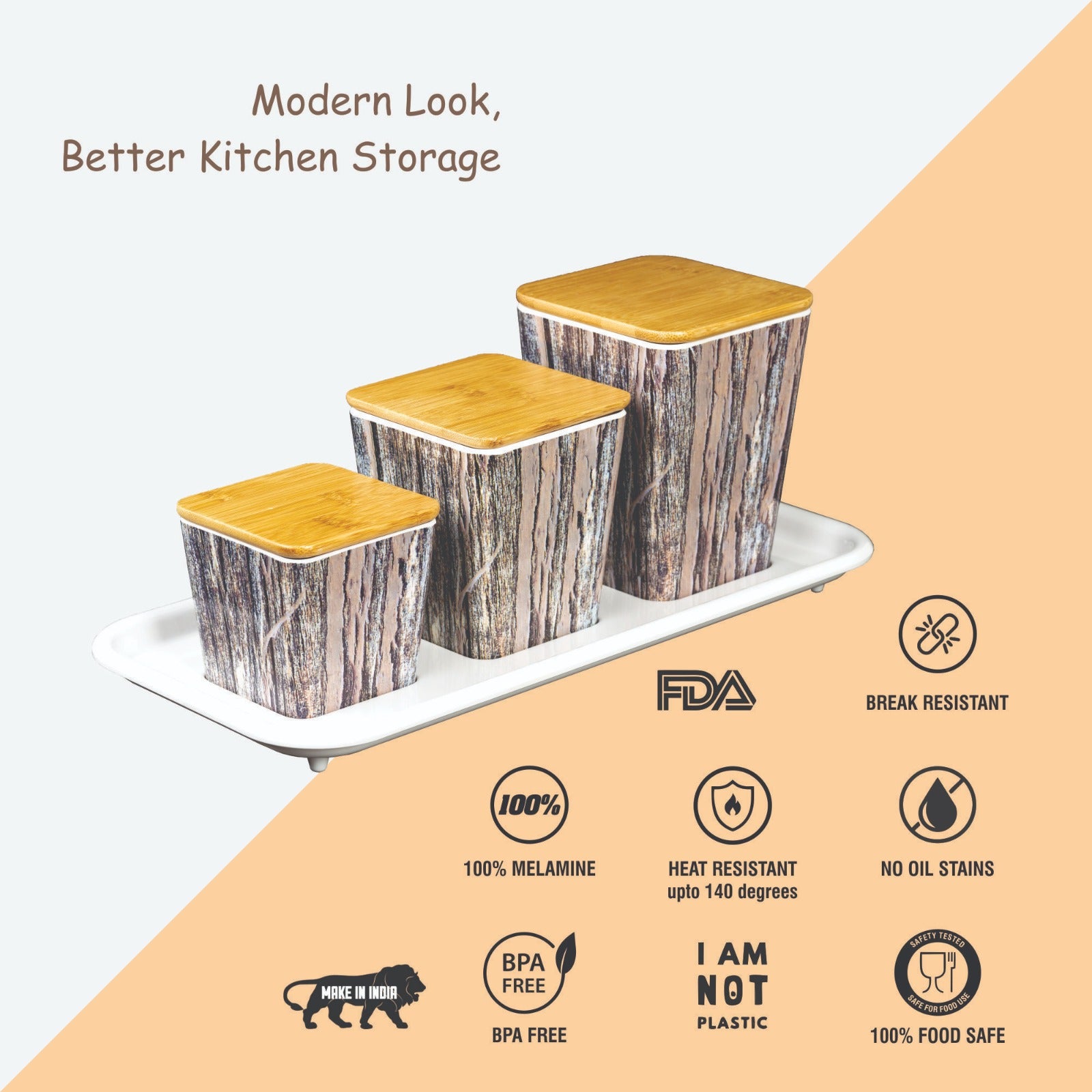 Stehlen 100% Pure melamine 3 pcs wooden lid canister set with melamine tray, SET OF 4- Wooden