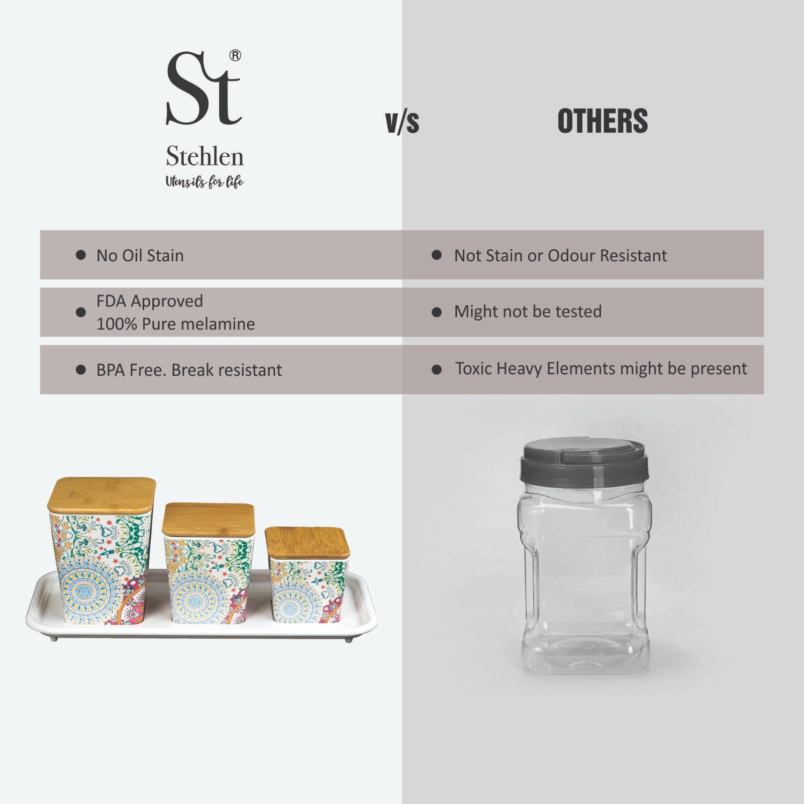 Stehlen 100% Pure melamine 3 pcs wooden lid canister set with melamine tray, SET OF 4- Ikkat