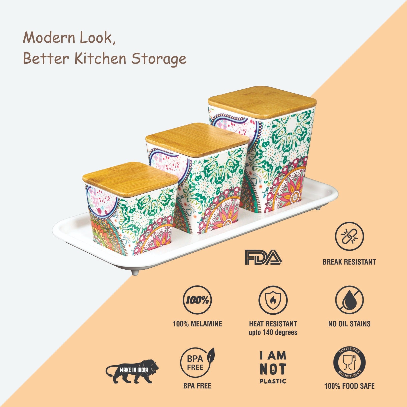 Stehlen 100% Pure melamine 3 pcs wooden lid canister set with melamine tray, SET OF 4- Ikkat