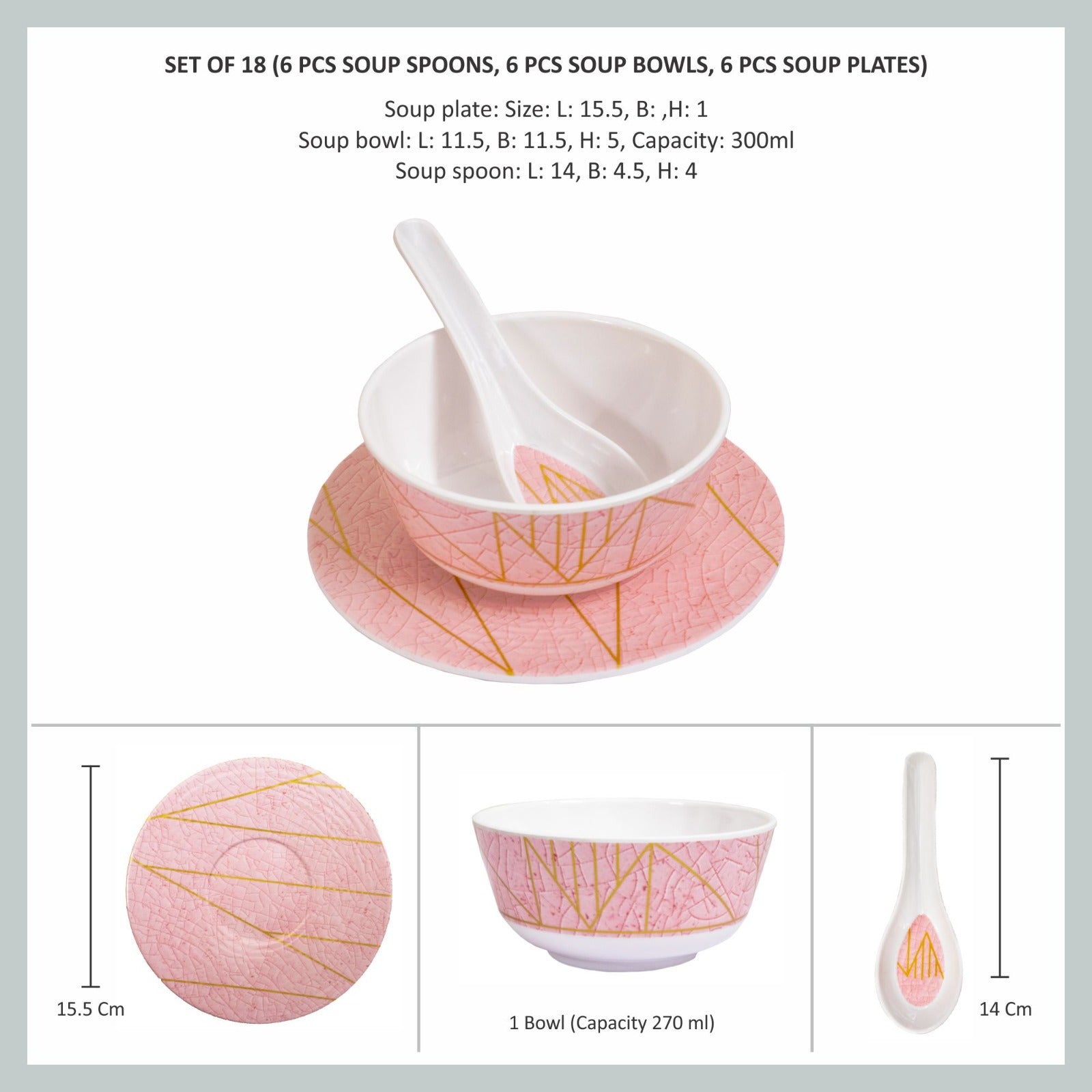 Stehlen Bowl Set, Soup set, Pure melamine, 18 Piece- Crackle Pink