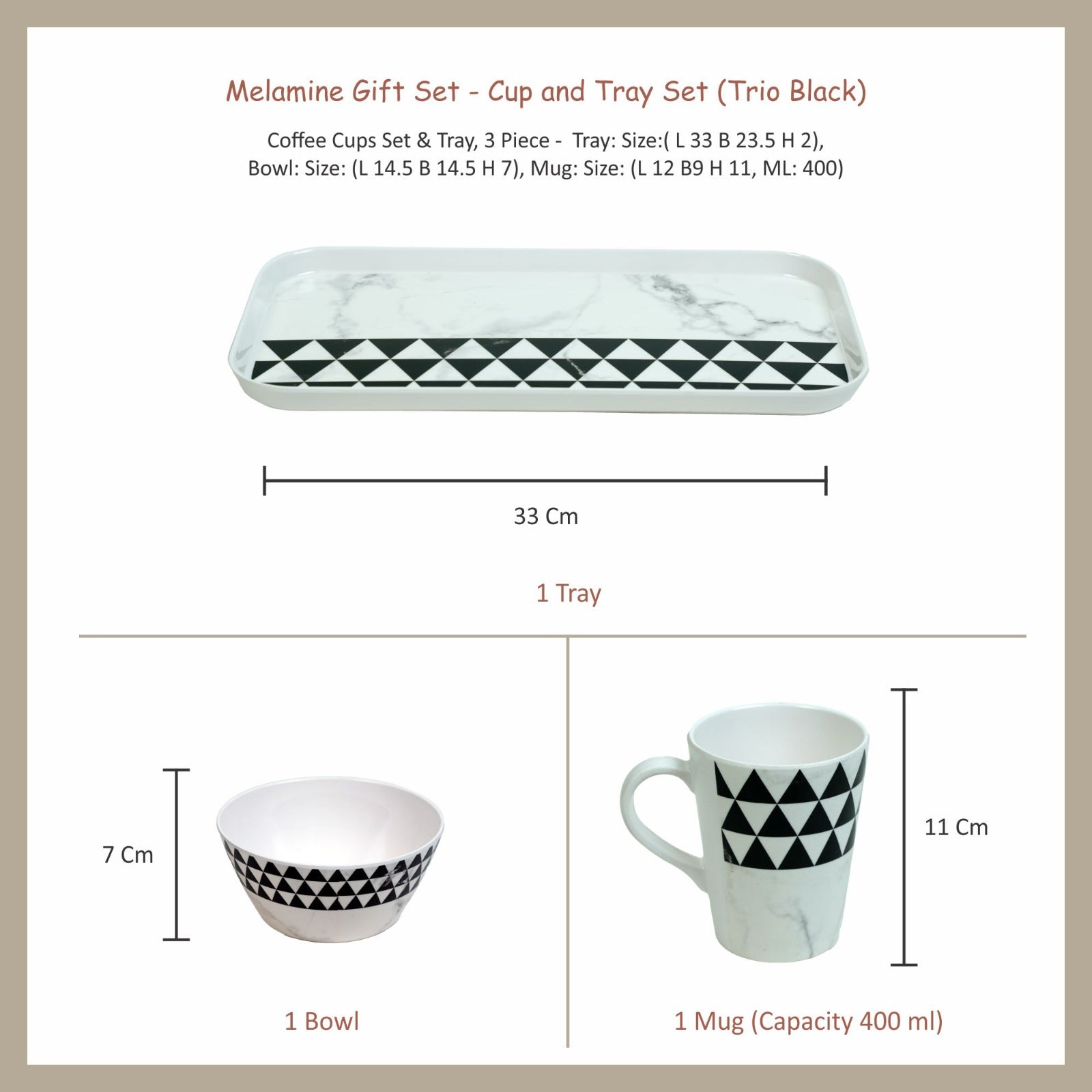 Stehlen Coffee Cups Set & Tray, 3 Piece Tea Coffee & Snacks Set, Pure melamine, Gift Set, Cup and Tray Set-Trio Black