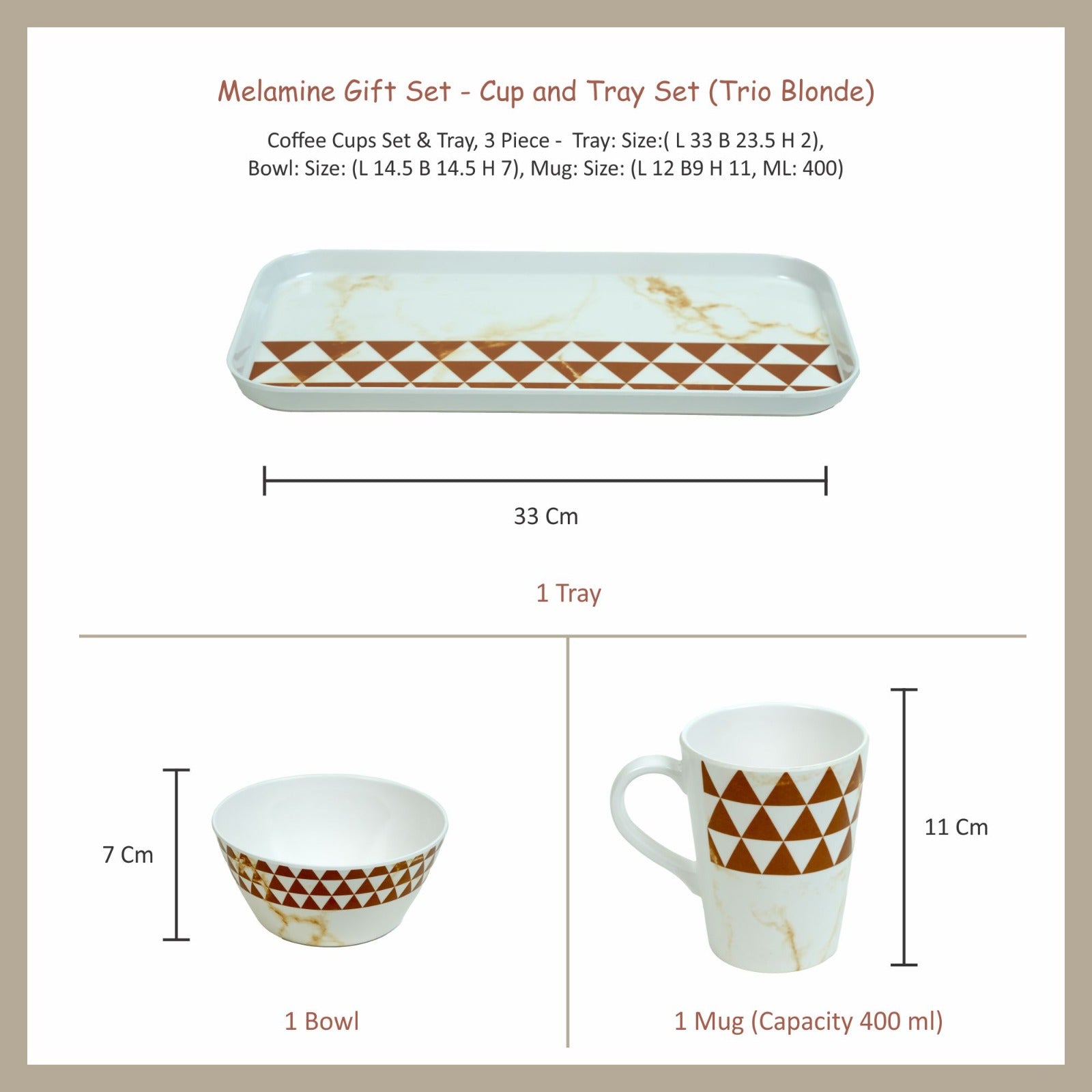 Stehlen Coffee Cups Set & Tray, 3 Piece Tea Coffee & Snacks Set, Pure melamine, Gift Set, Cup and Tray Set-Trio Blonde