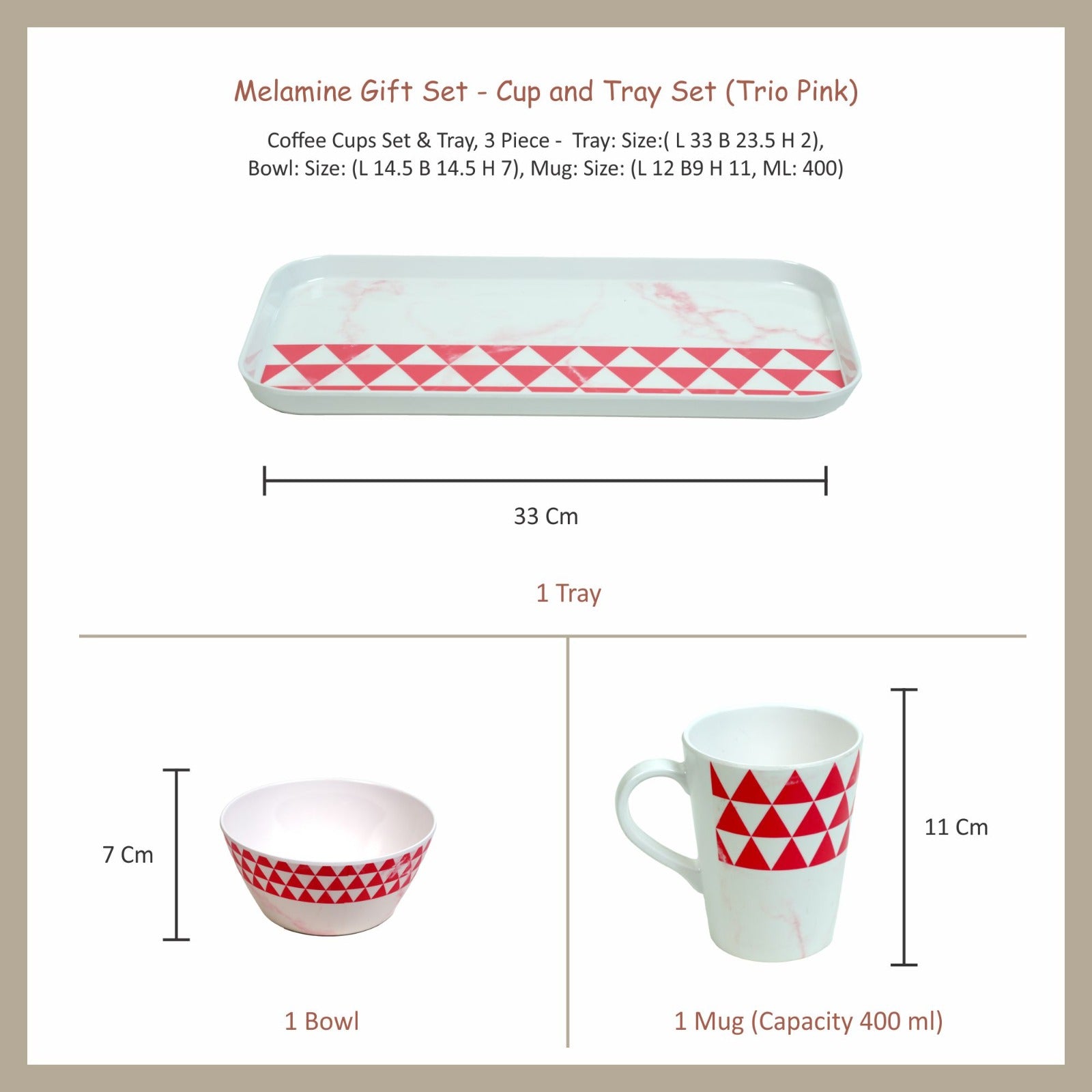 Stehlen Coffee Cups Set & Tray, 3 Piece Tea Coffee & Snacks Set, Pure melamine, Gift Set, Cup and Tray Set-Trio Pink