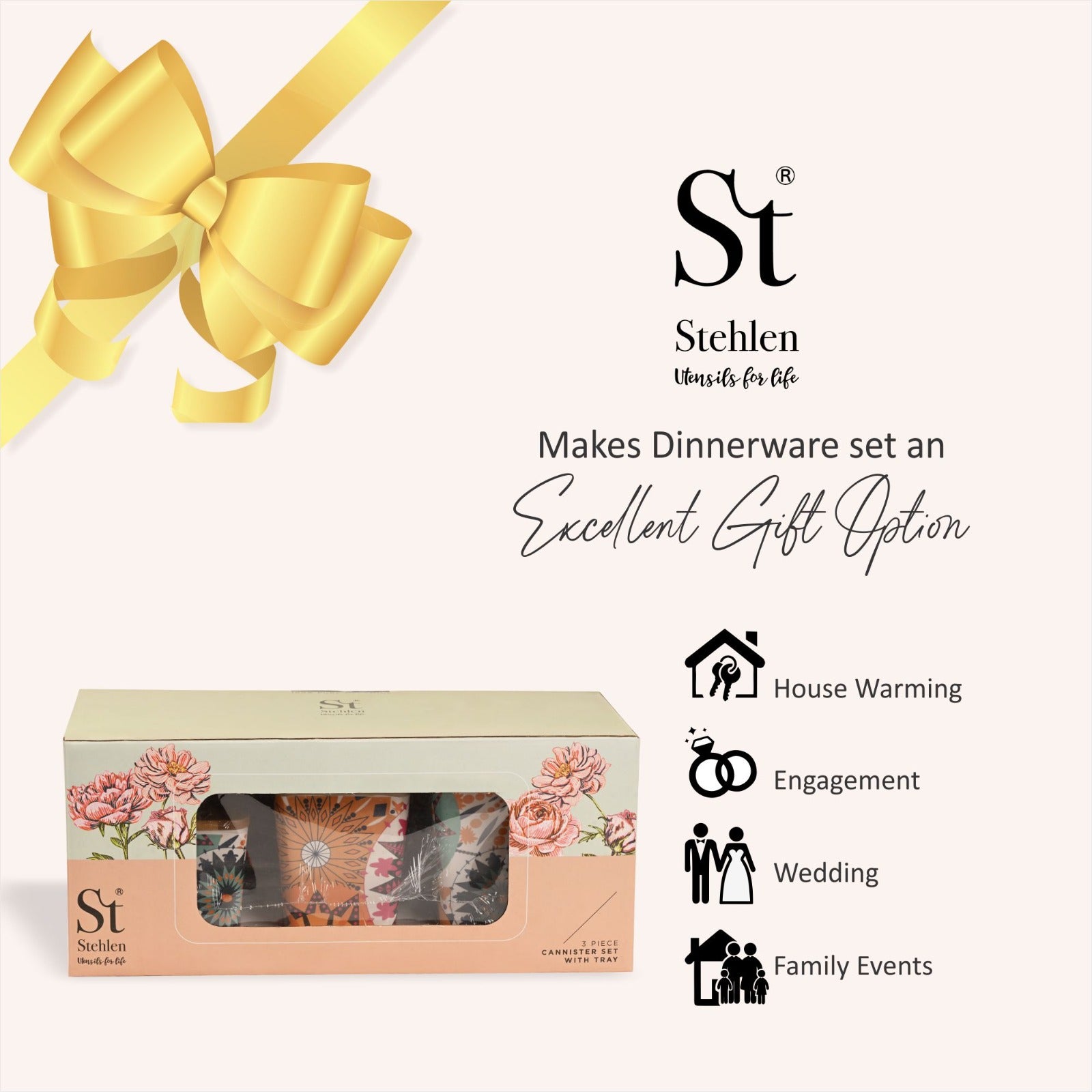 Stehlen 100% Pure melamine 3 pcs wooden lid canister set with melamine tray, SET OF 4- Wooden