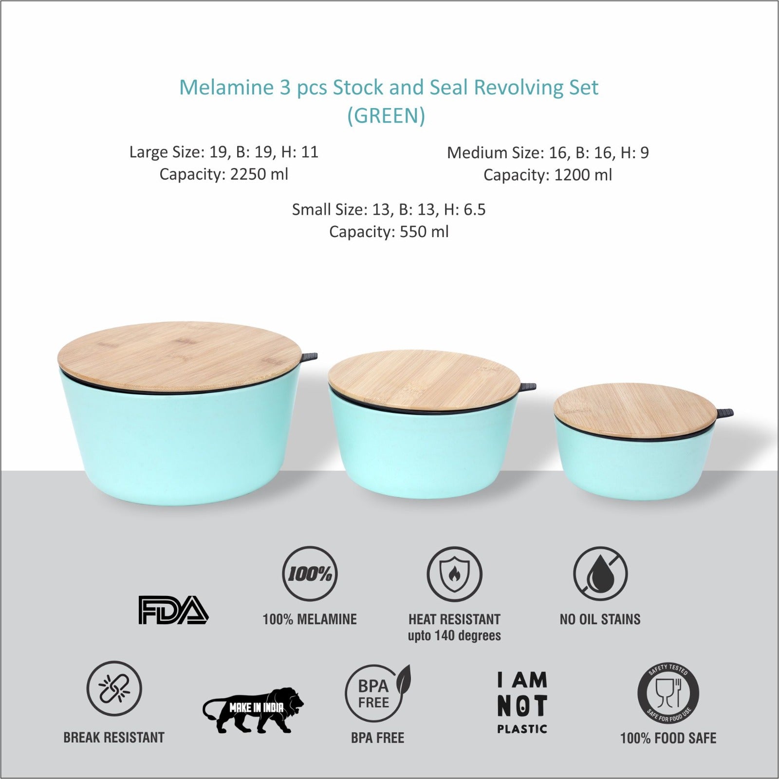 Stehlen 100% Pure melamine Set Of 3 Stock and Seal- Light Green