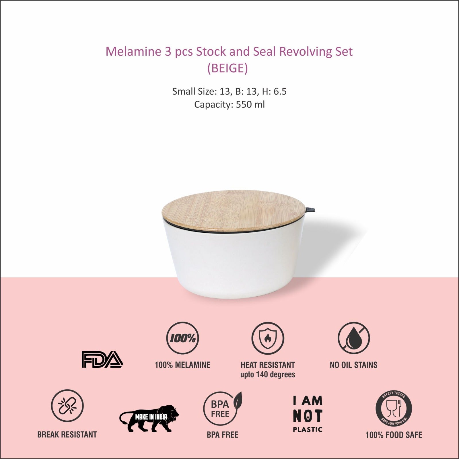 Stehlen 100% Pure melamine Set Of 3 Stock and Seal- Beige