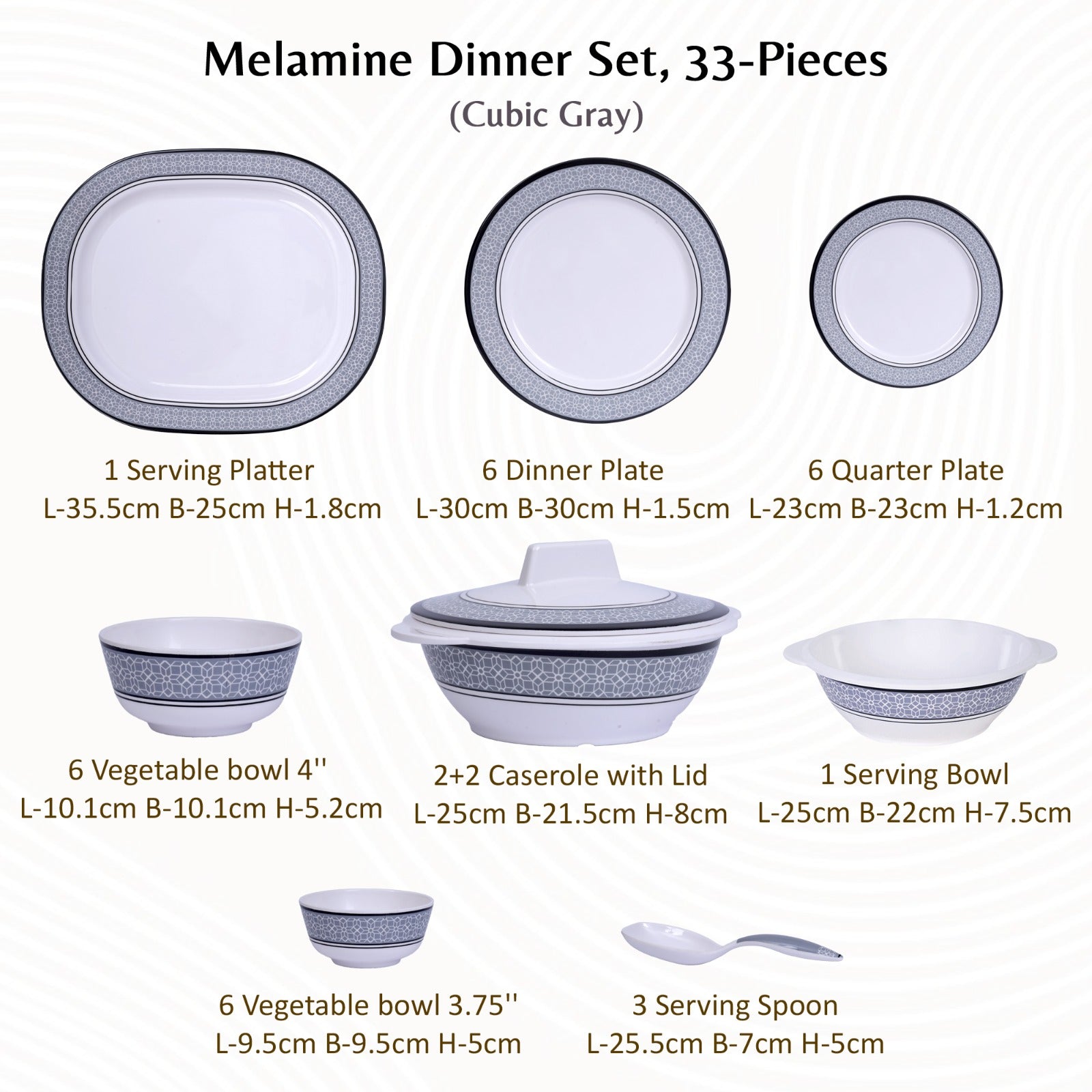 Stehlen Dinnerware, Pure melamine, Vintage, 33 Piece Kitchen Set for home- Cubic Gray