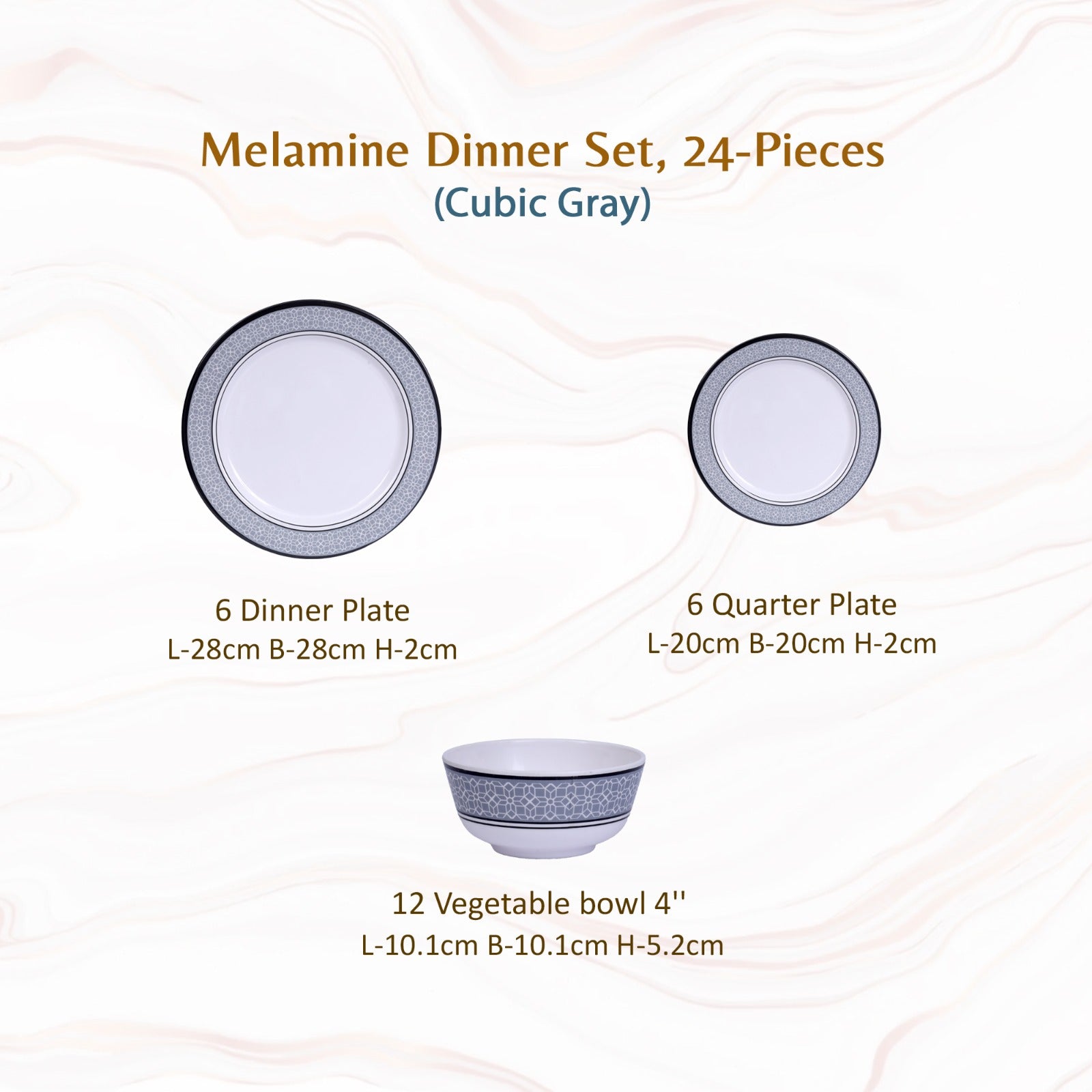 Stehlen Dinnerware, Pure melamine, Vintage, 24 Piece Kitchen Set for home- Cubic Gray