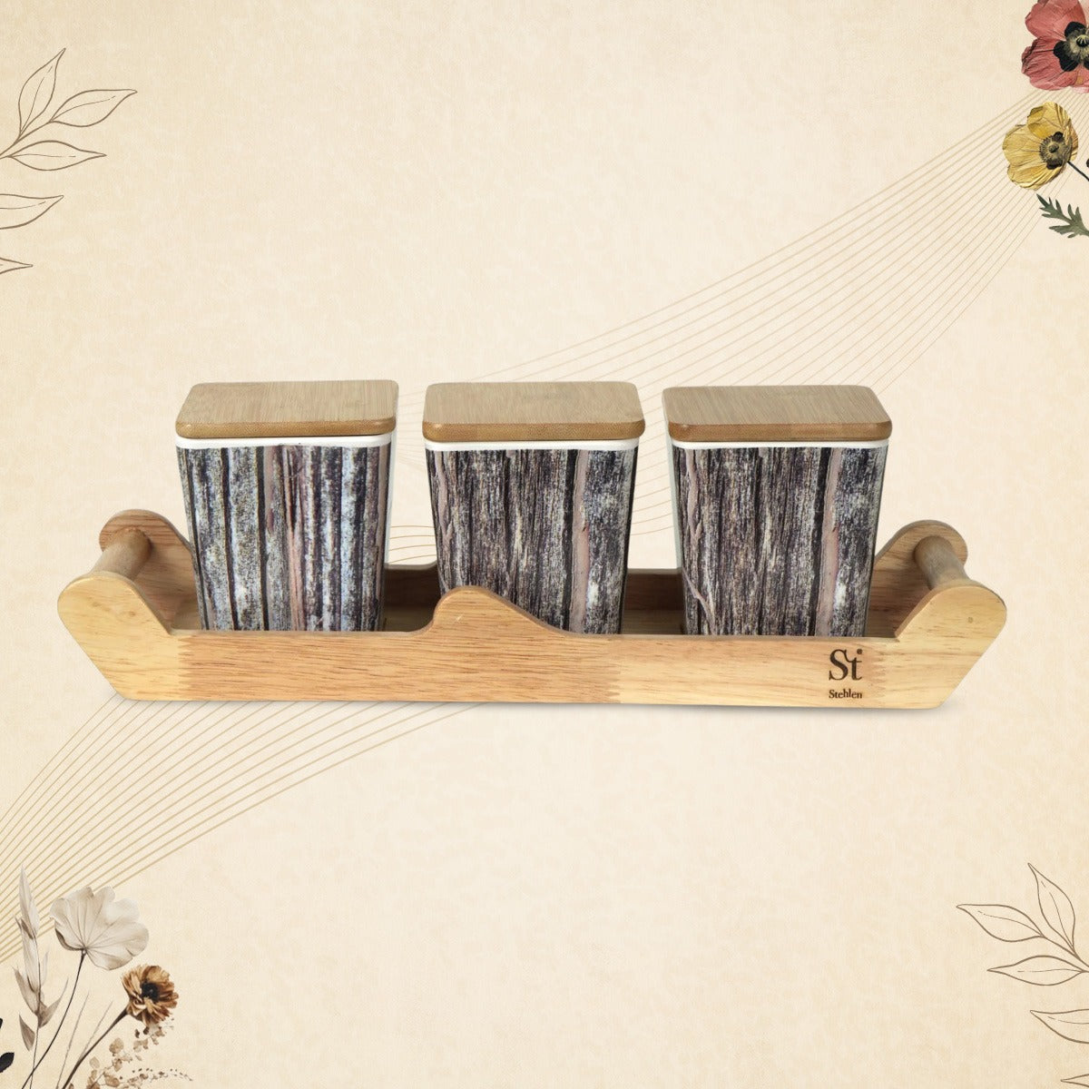 Stehlen 100% Pure melamine 3 pcs wooden lid canister set with wooden tray,SET OF 4- Wooden