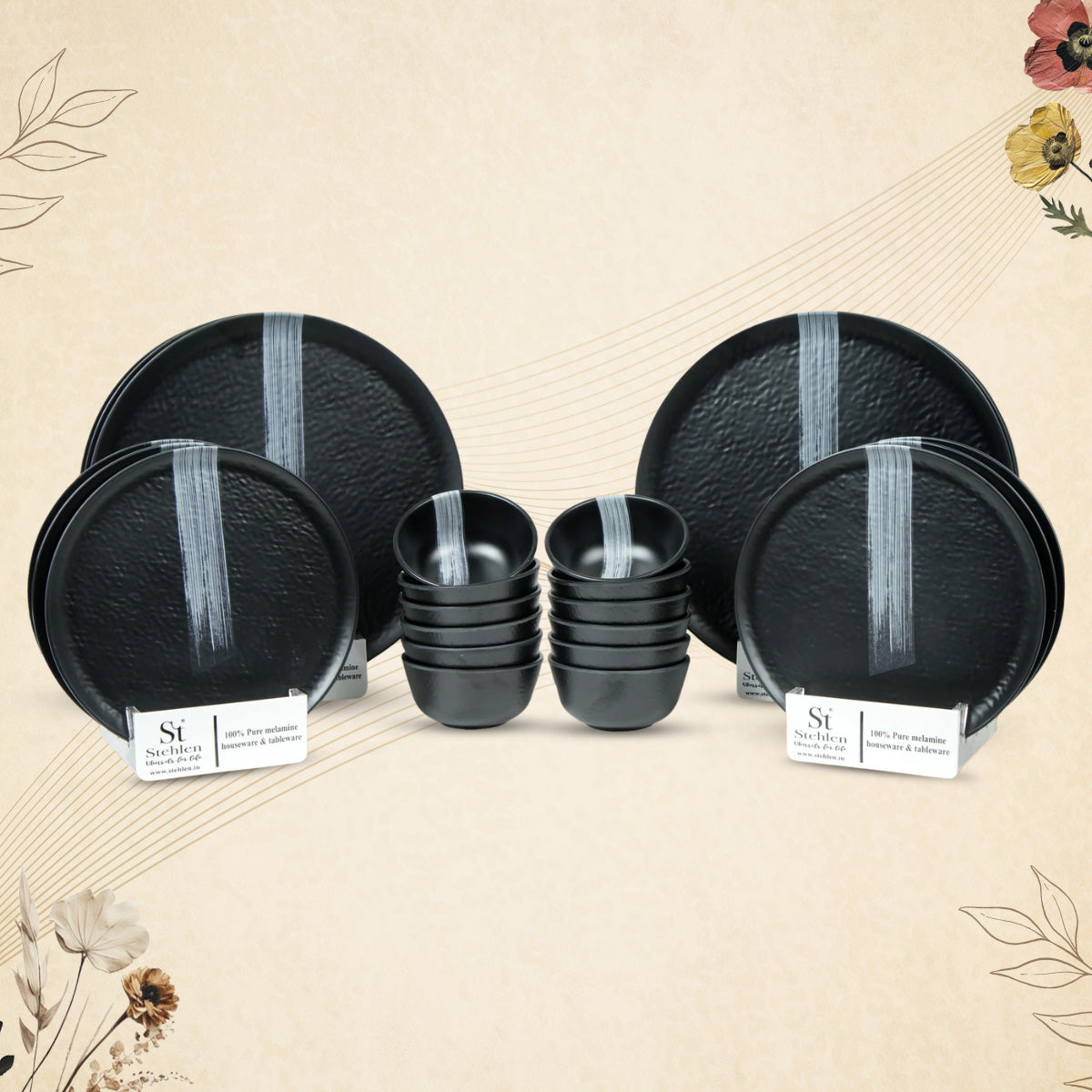 Stehlen Donna Hammered Dinnerware, Pure melamine, 24 PC Kitchen Set for home- White Stripe