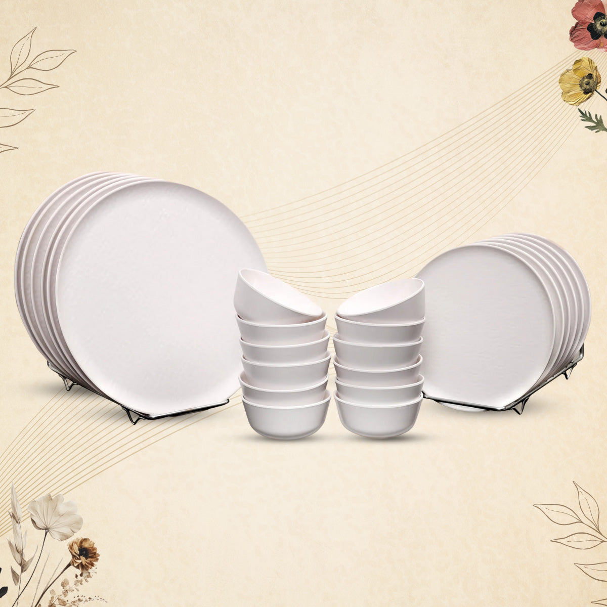 Stehlen Donna Hammered Dinnerware, Pure melamine, 24 PC Kitchen Set for home- White