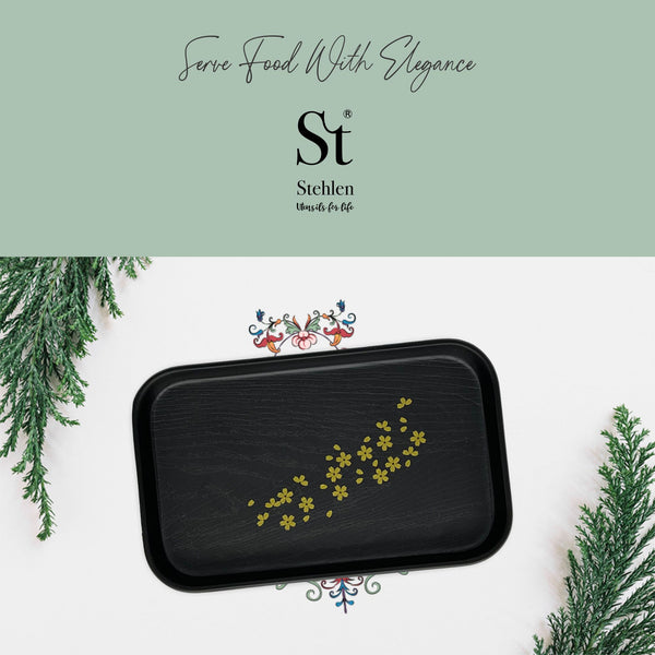 Stehlen 100% Pure melamine Xen Tray, Dishwasher safe, Heat resistant upto 140 degrees, Break resistant, FDA Approved, Elegant, Durable, and Versatile for Every Occasion - Gold Jasmine