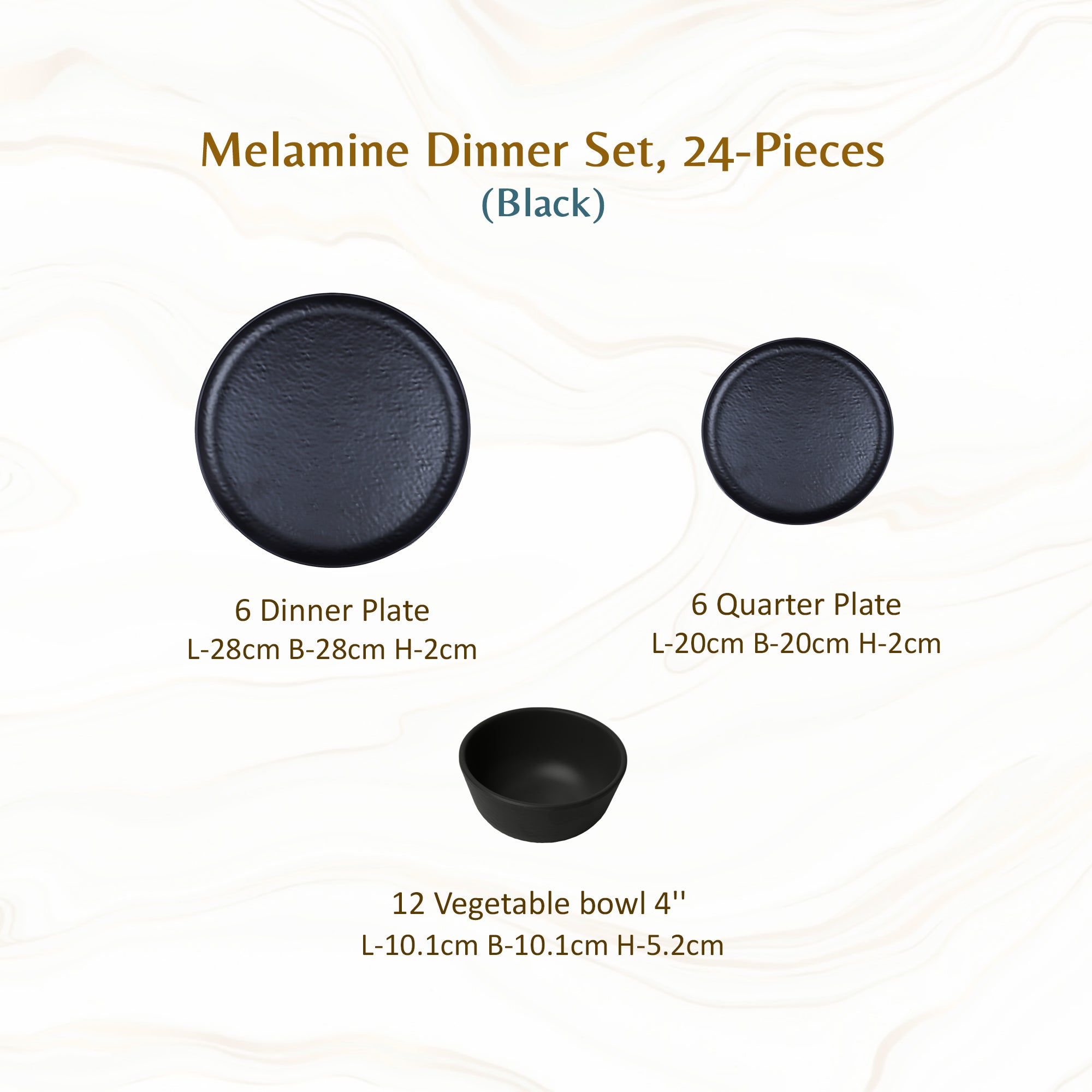 Stehlen Donna Hammered Dinnerware, Pure melamine, 24 Pieces Kitchen Set for home- Black