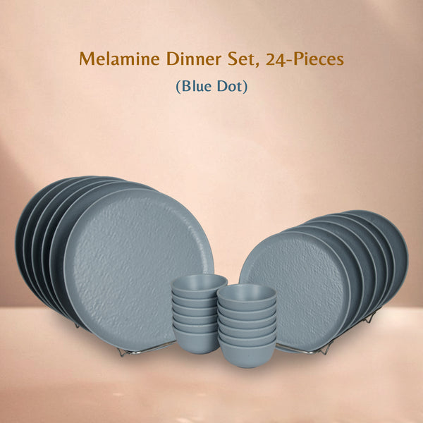 Stehlen Donna Hammered Dinnerware, Pure melamine, 24 Piece(6 Dinner Plate,6 Quarter Plate, 12 pieces 4" Vegetable Bowl), Melamine dinner set, Kitchen Set for home- Blue Dot