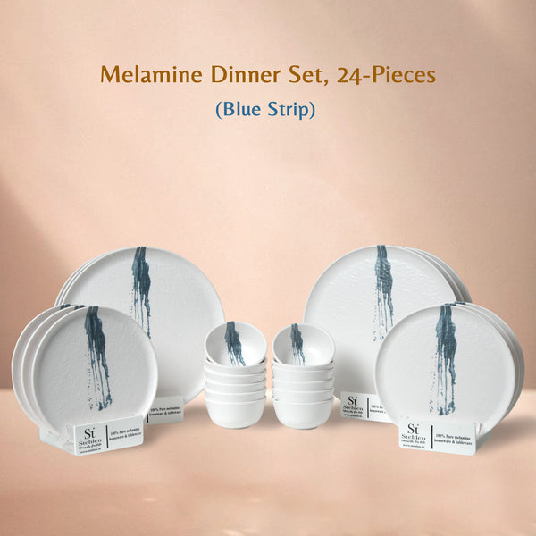 Stehlen Donna Hammered Dinnerware, Pure melamine, 24 Piece(6 Dinner Plate, 6 Quarter Plate, 12 pieces 4" Vegetable Bowl), Melamine dinner set, Kitchen Set for home- Blue Stripe