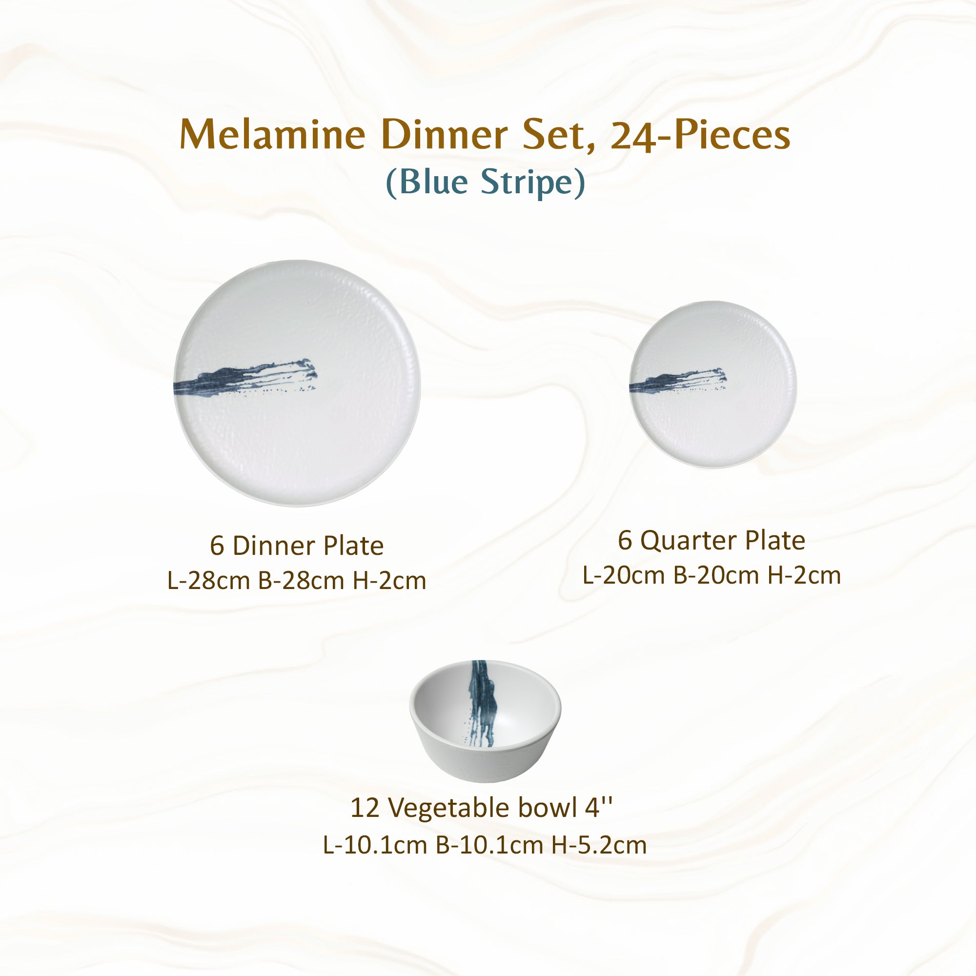 Stehlen Donna Hammered Dinnerware, Pure melamine, 24 Piece Kitchen Set for home- Blue Stripe