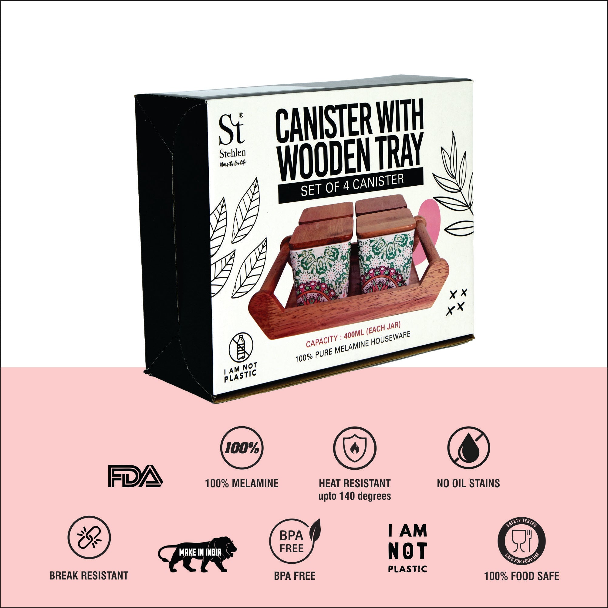 Stehlen 100% Pure melamine 4 pcs wooden lid canister set with wooden tray,SET OF 5- Green Bee