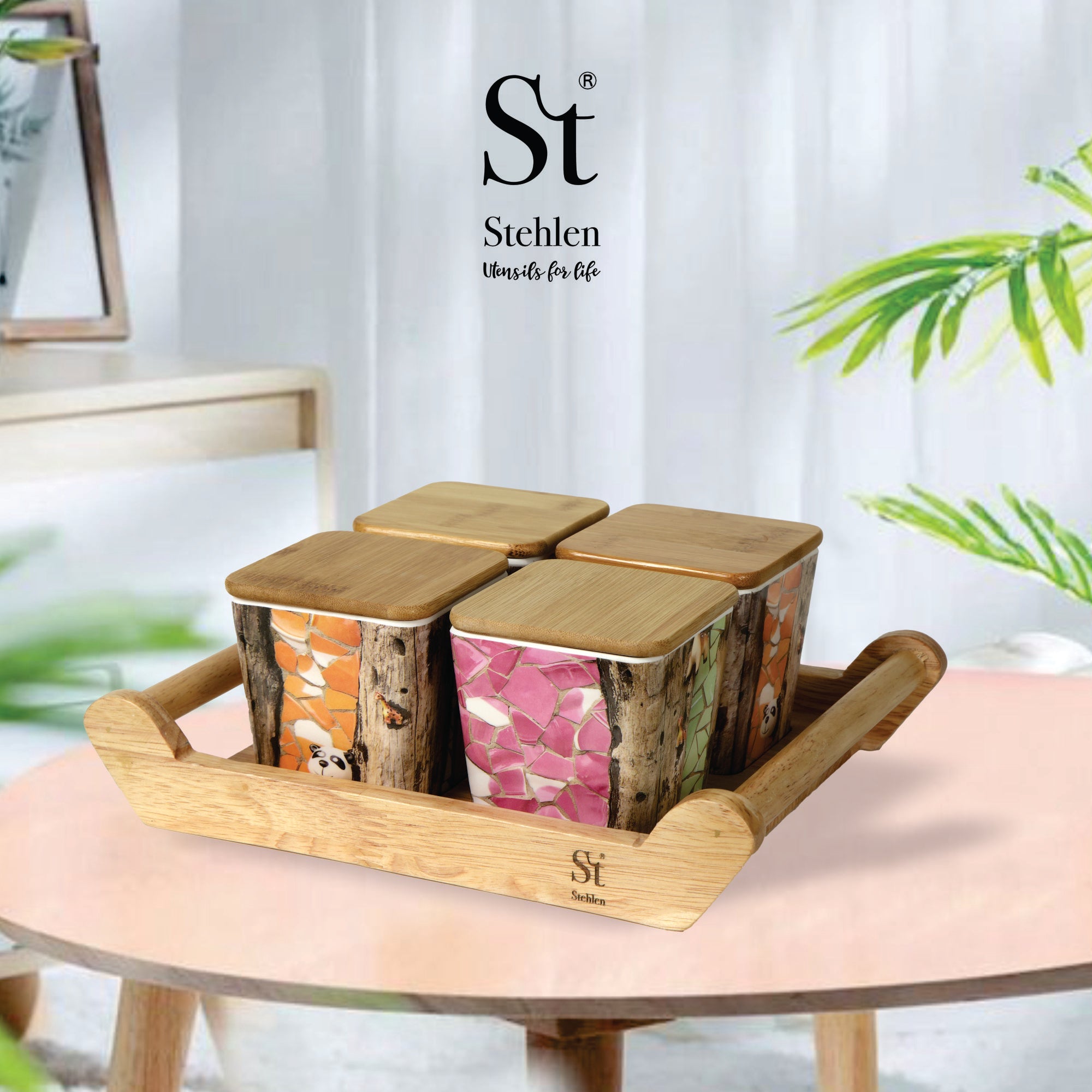 Stehlen 100% Pure melamine 4 pcs wooden lid canister set with wooden tray,SET OF 5- American Pine