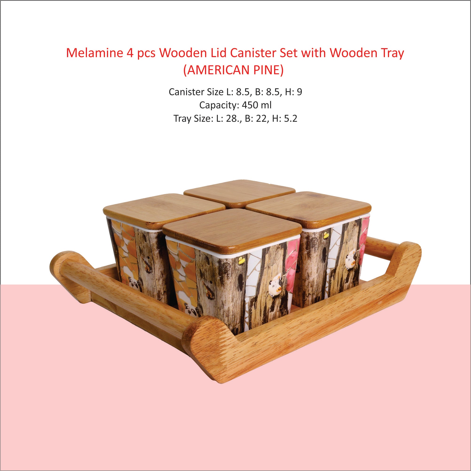 Stehlen 100% Pure melamine 4 pcs wooden lid canister set with wooden tray,SET OF 5- American Pine