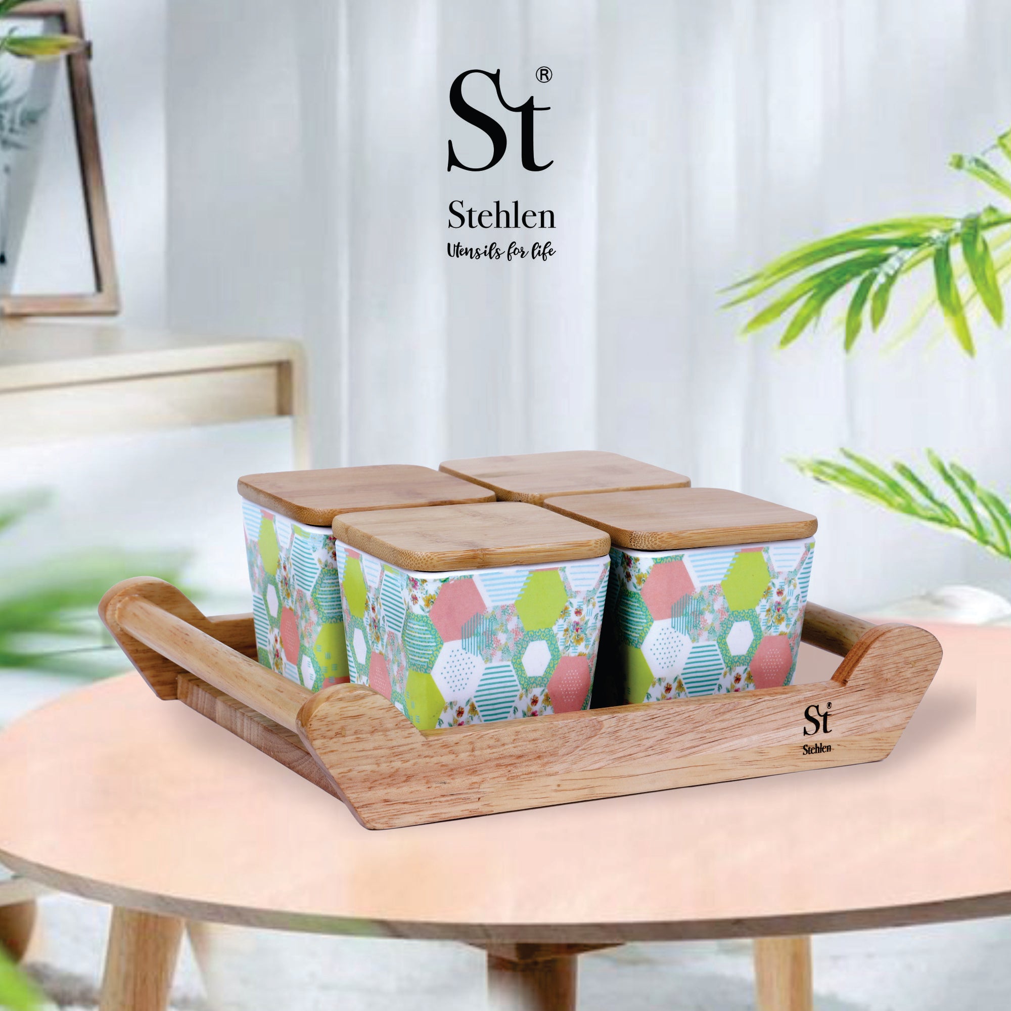 Stehlen 100% Pure melamine 4 pcs wooden lid canister set with wooden tray,SET OF 5- Green Bee