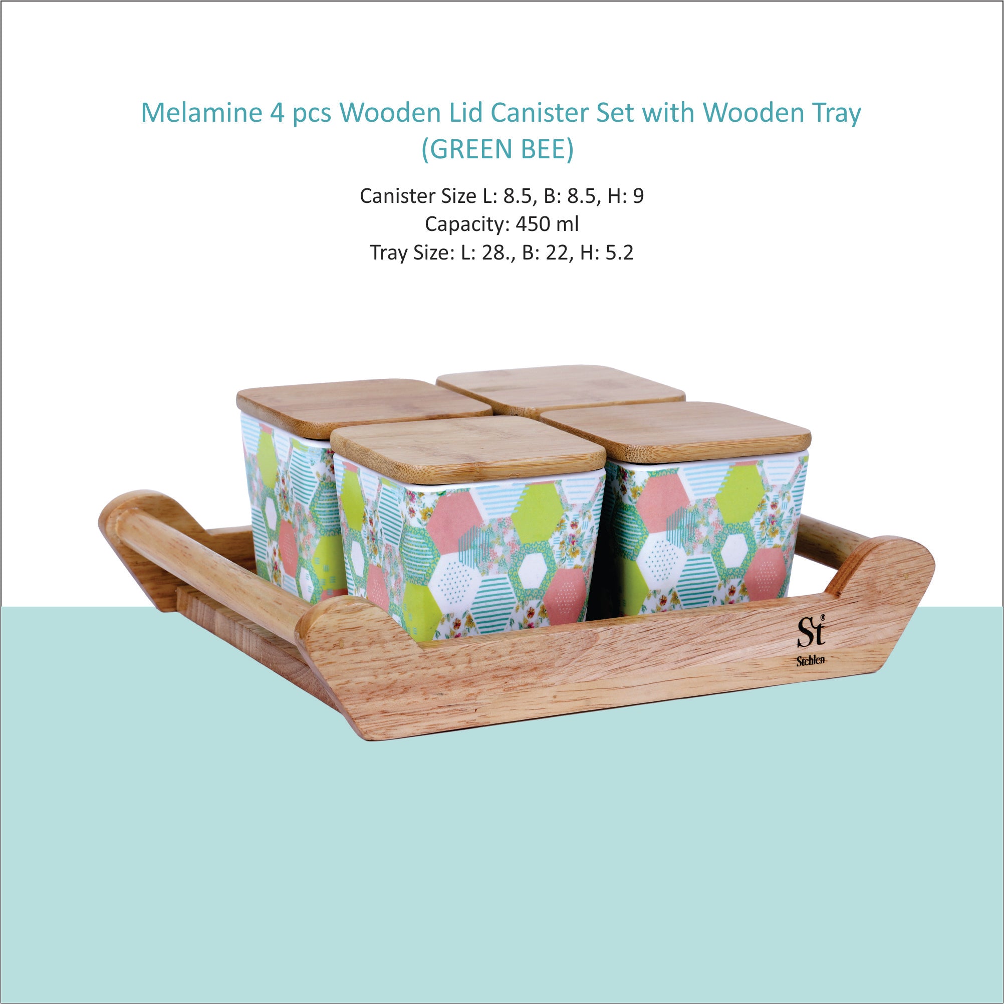 Stehlen 100% Pure melamine 4 pcs wooden lid canister set with wooden tray,SET OF 5- Green Bee