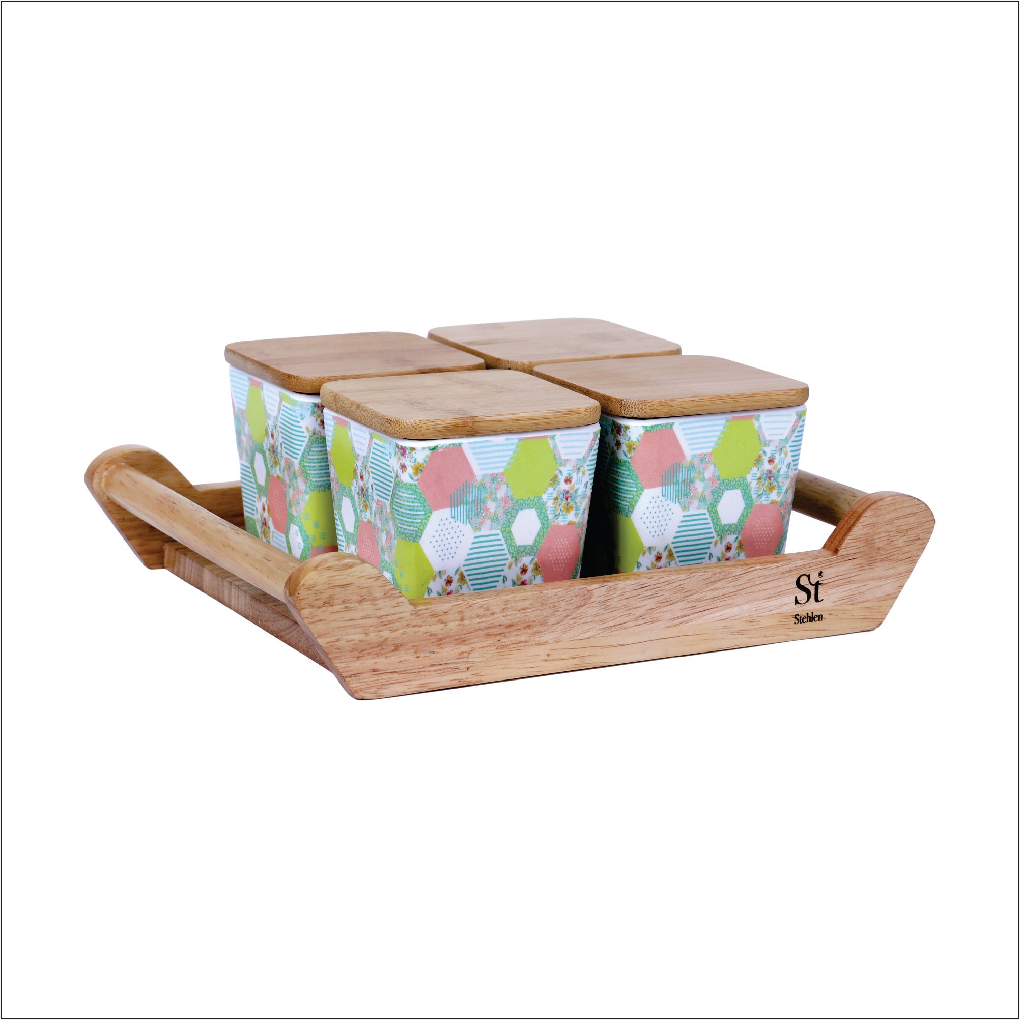 Stehlen 100% Pure melamine 4 pcs wooden lid canister set with wooden tray,SET OF 5- Green Bee