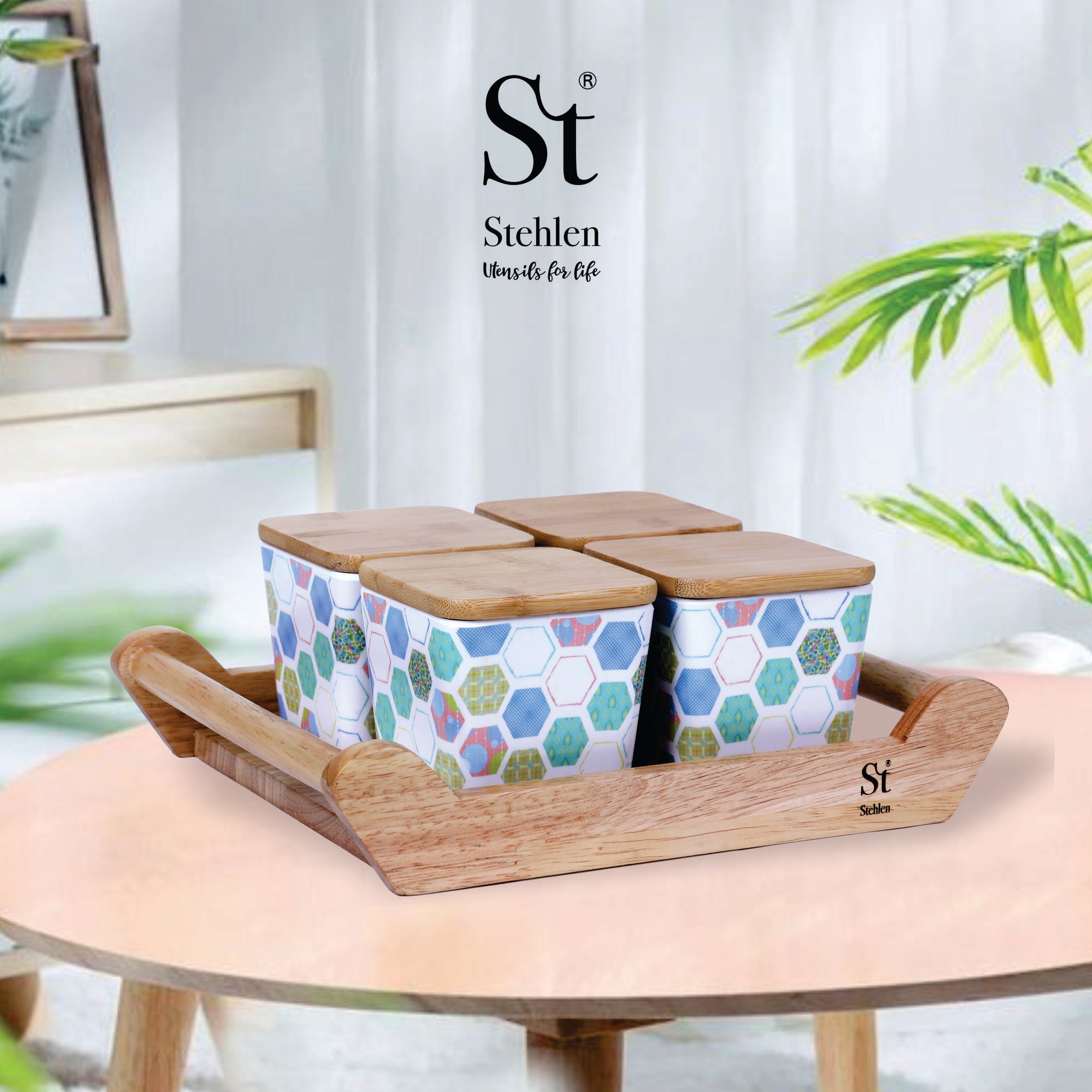 Stehlen 100% Pure melamine 4 pcs wooden lid canister set with wooden tray,SET OF 5- Hive
