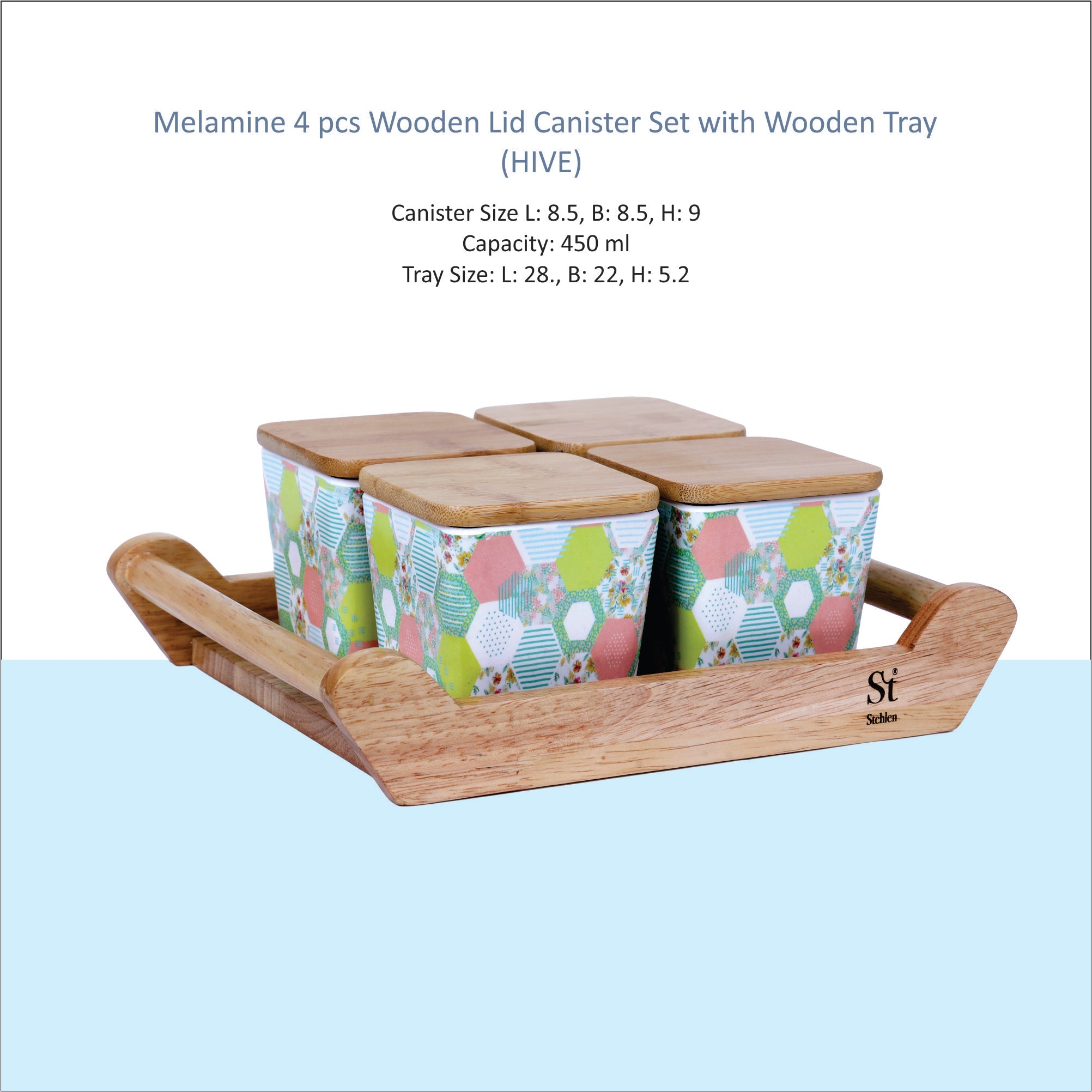 Stehlen 100% Pure melamine 4 pcs wooden lid canister set with wooden tray,SET OF 5- Hive