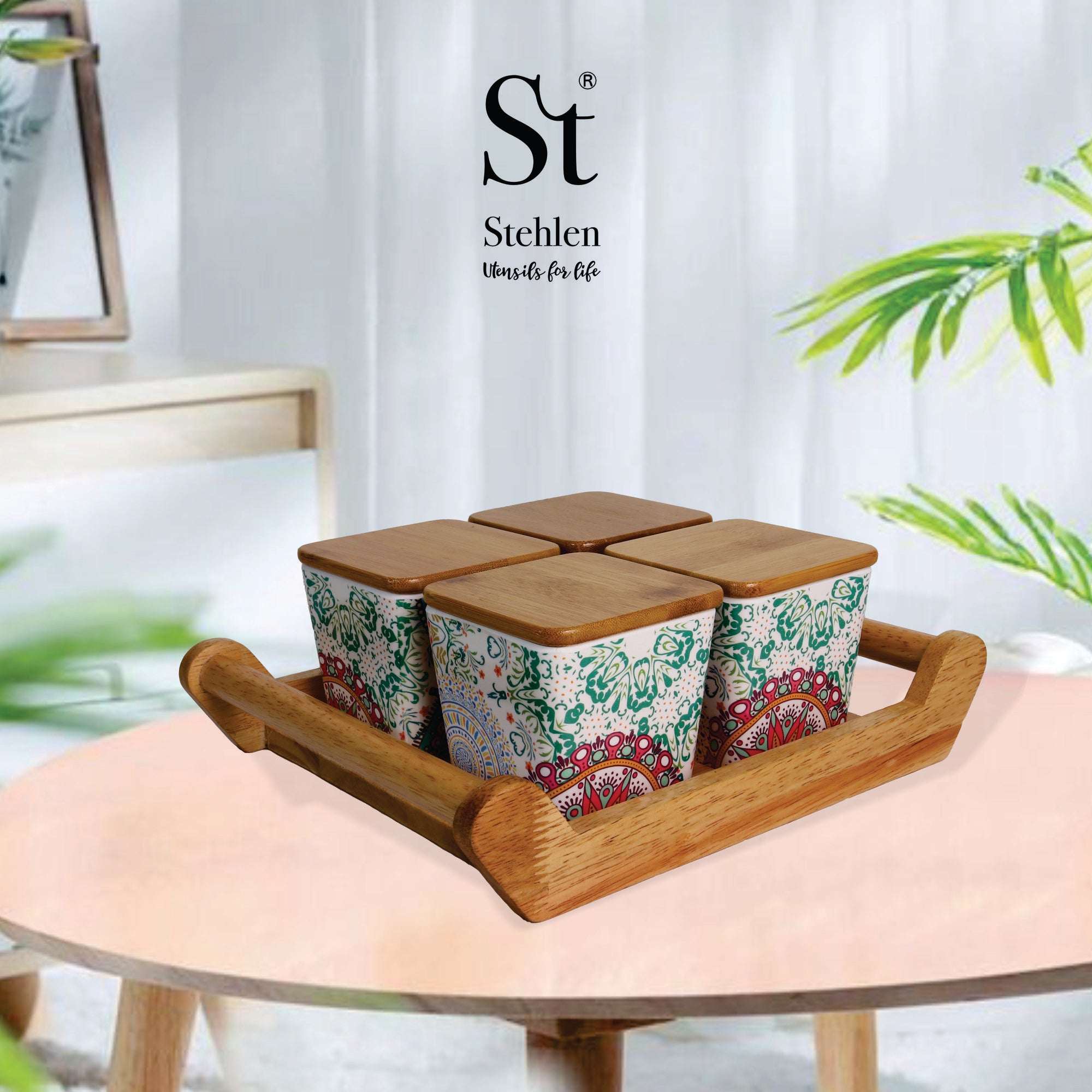 Stehlen 100% Pure melamine 4 pcs wooden lid canister set with wooden tray,SET OF 5- Ikkat