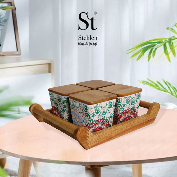 Stehlen 100% Pure melamine 4 pcs wooden lid canister set with wooden tray FDA Approved, Dishwasher safe, Heat resistant upto 140 degrees, Elegant, Durable, and Versatile for Every Occasion -Ikkat