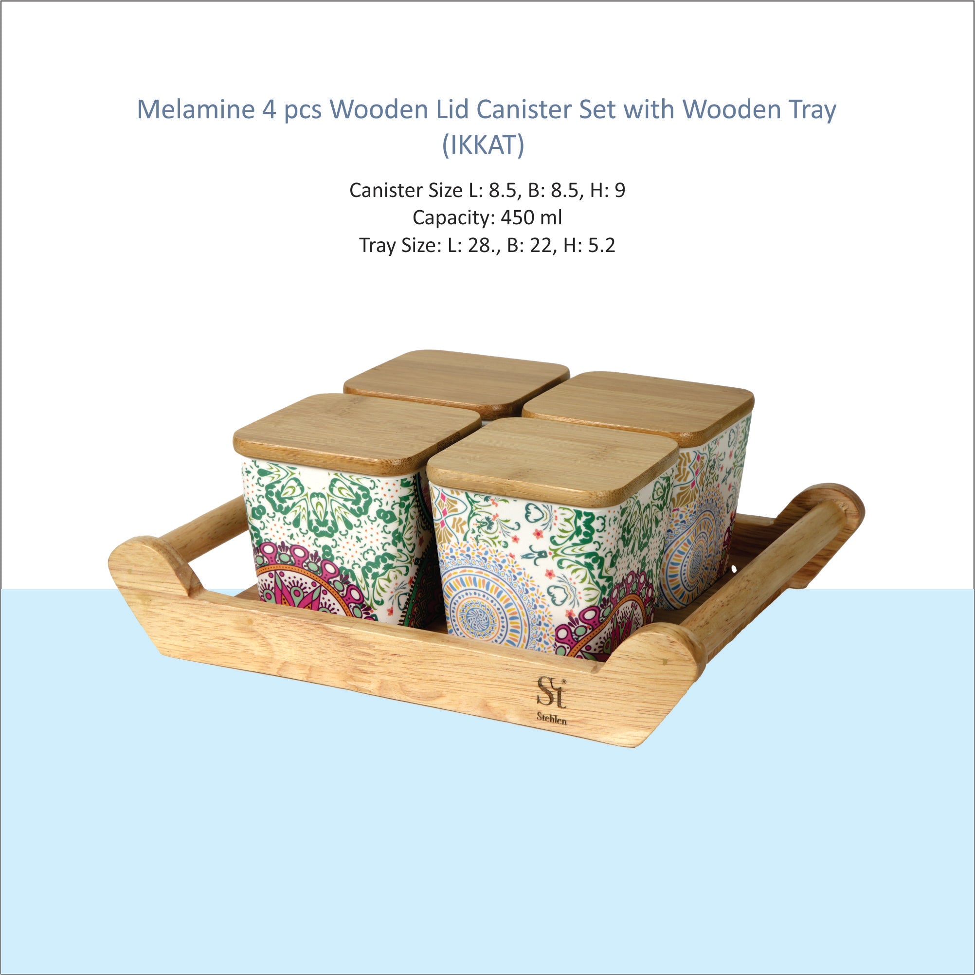 Stehlen 100% Pure melamine 4 pcs wooden lid canister set with wooden tray,SET OF 5- Ikkat