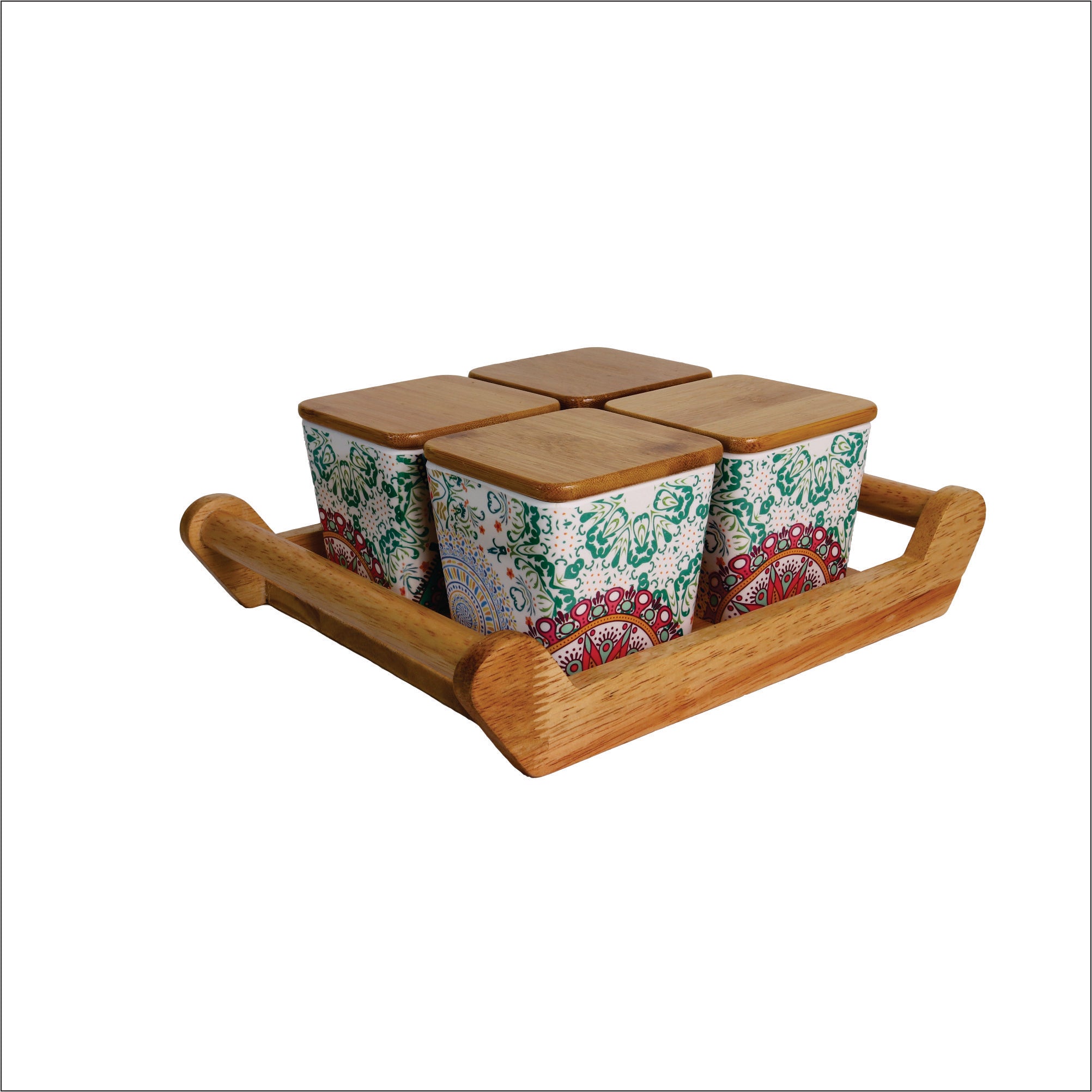 Stehlen 100% Pure melamine 4 pcs wooden lid canister set with wooden tray,SET OF 5- Ikkat