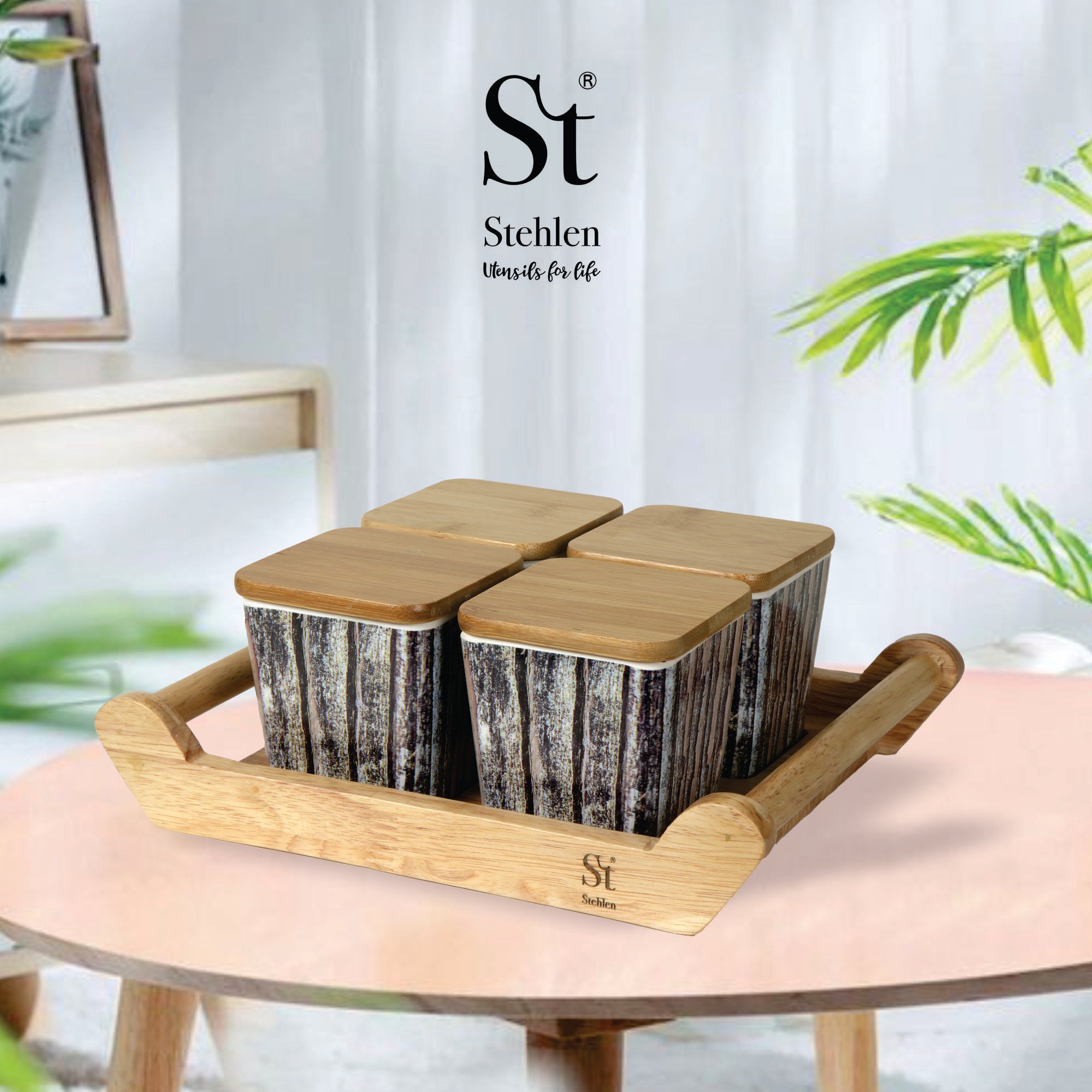 Stehlen 100% Pure melamine 4 pcs wooden lid canister set with wooden tray,SET OF 5- Wooden