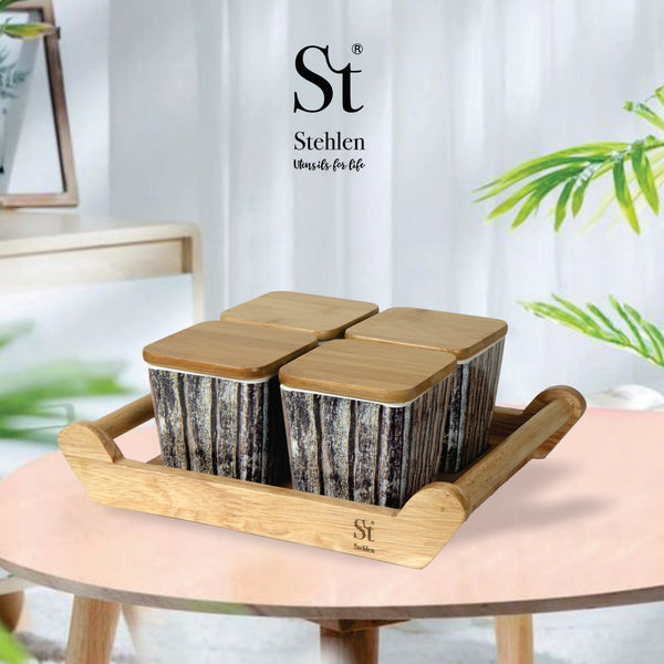 Stehlen 100% Pure melamine 4 pcs wooden lid canister set with wooden tray FDA Approved, Dishwasher safe, Heat resistant upto 140 degrees, Elegant, Durable, and Versatile for Every Occasion -Wooden