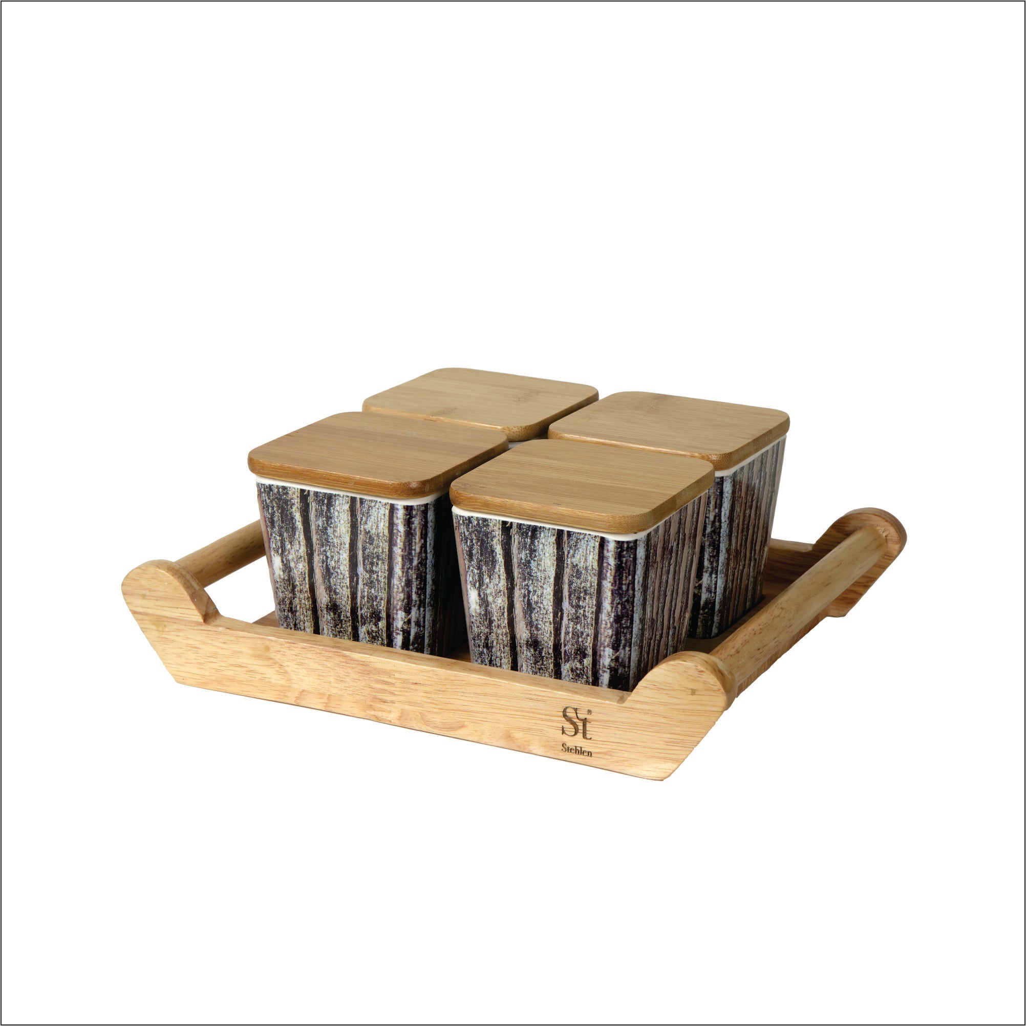 Stehlen 100% Pure melamine 4 pcs wooden lid canister set with wooden tray,SET OF 5- Wooden