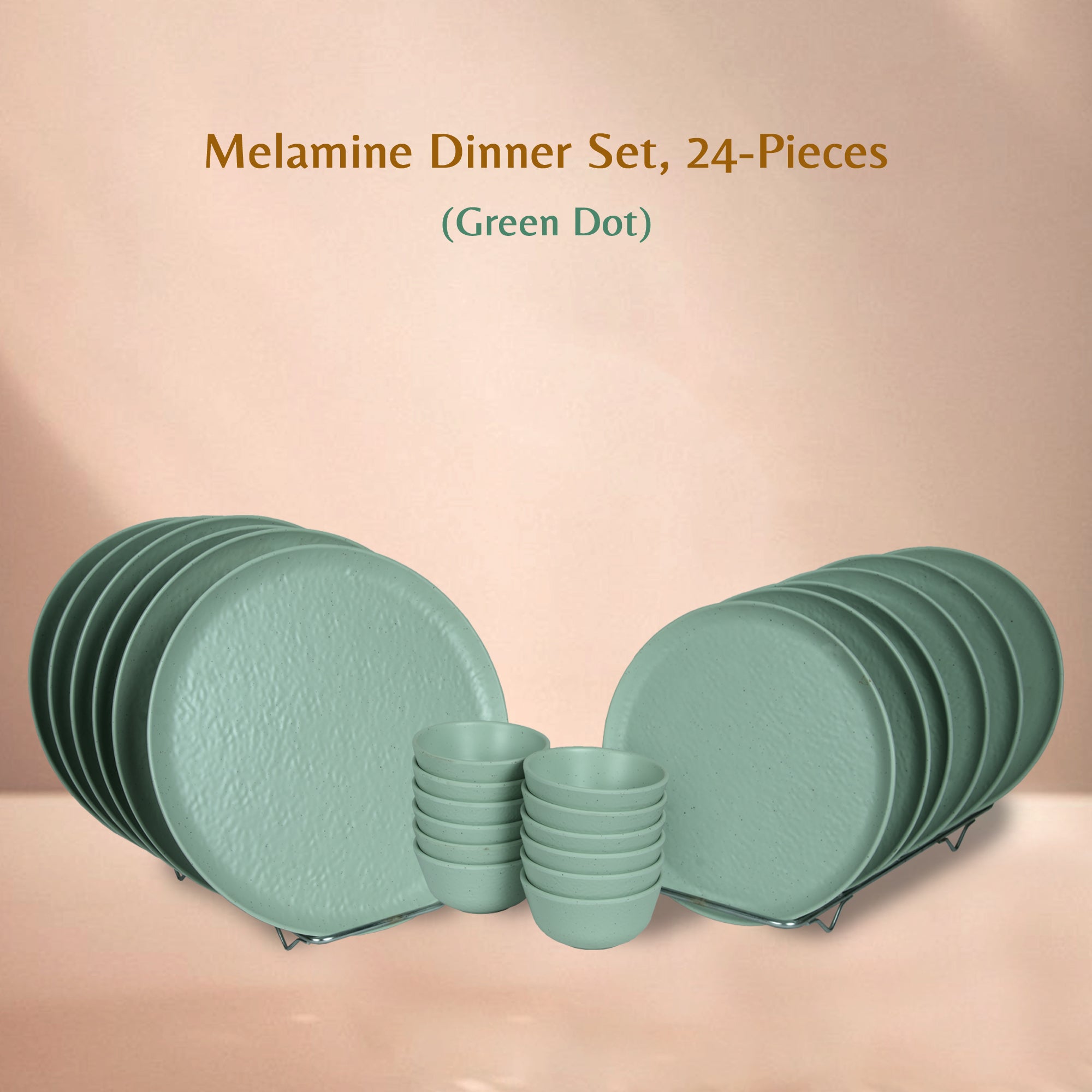 Stehlen Donna Hammered Dinnerware, Pure melamine, 24 PC Kitchen Set for home- GREEN DOT