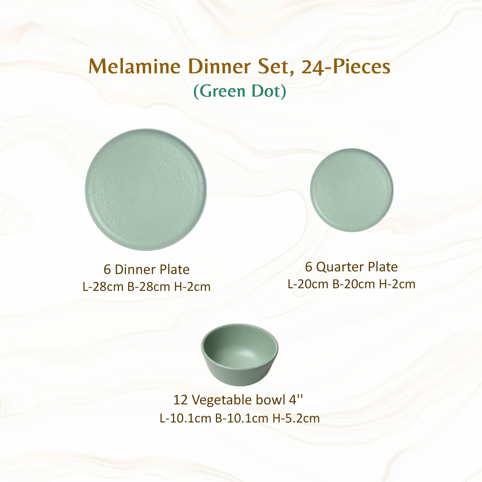 Stehlen Donna Hammered Dinnerware, Pure melamine, 24 PC Kitchen Set for home- GREEN DOT
