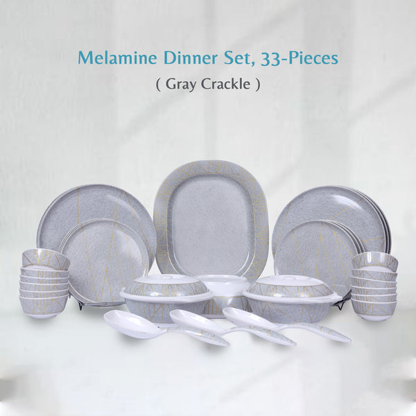 Stehlen Donna Glossy Dinnerware, Melamine, 33 Piece (6 Dinner Plate, 6 Quarter Plate, 6 Vegetable Bowl, 6 Vegetable Bowl, 2+2 Caserole with Lid, 3 Spoon,1 Platter, 1 Bowl)- (Gray Crackle)