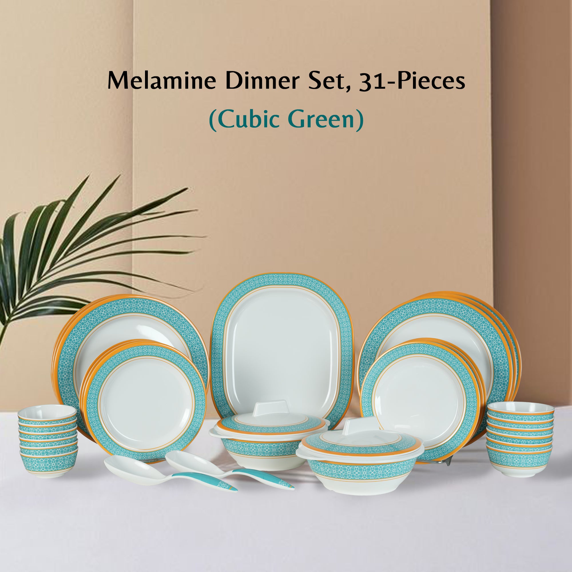 Stehlen Dinnerware, Pure melamine, Vintage, 31 Piece Kitchen Set for home- Cubic Green