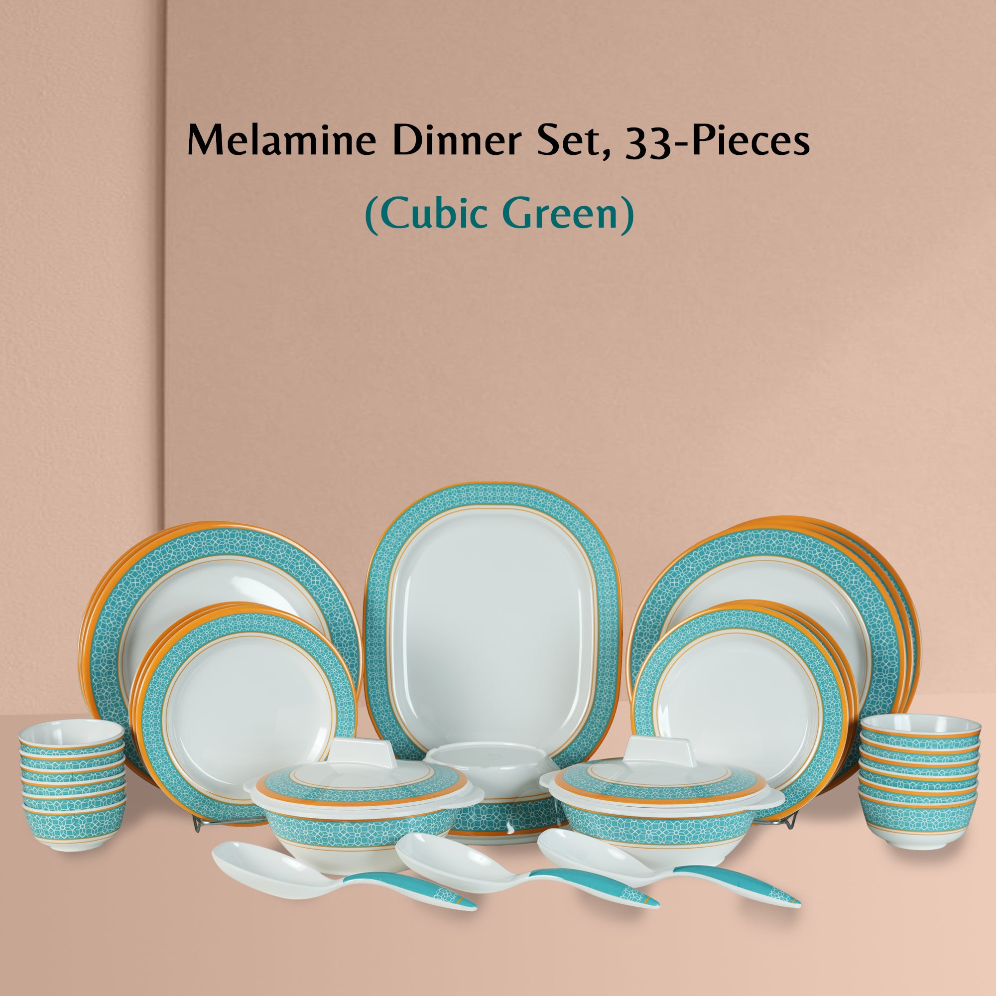 Stehlen Dinnerware, Pure melamine, Vintage, 33 Piece Kitchen Set for home- Cubic Green
