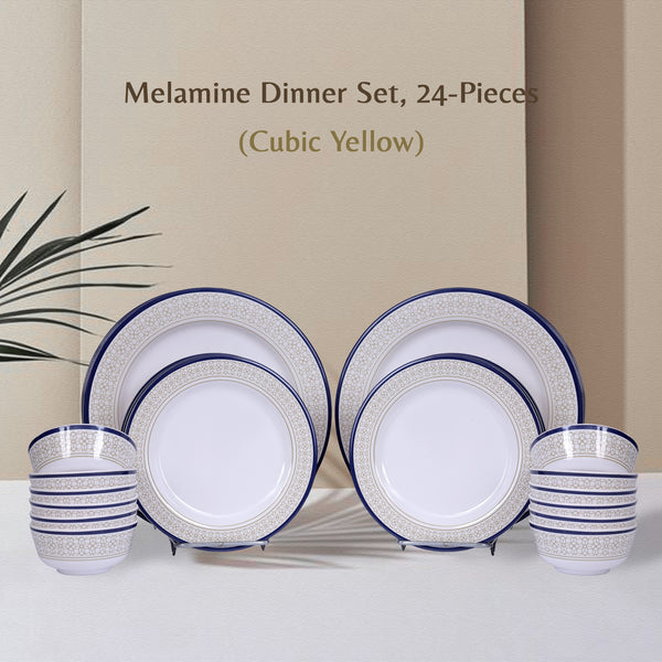 Stehlen Dinnerware, Pure melamine, Vintage, 24 Piece (6 Dinner Plate, 6 Quarter Plate, 6 Small Vegetable Bowl, 6 Medium Vegetable Bowl), Melamine dinner set, Kitchen Set for home- Cubic Yellow