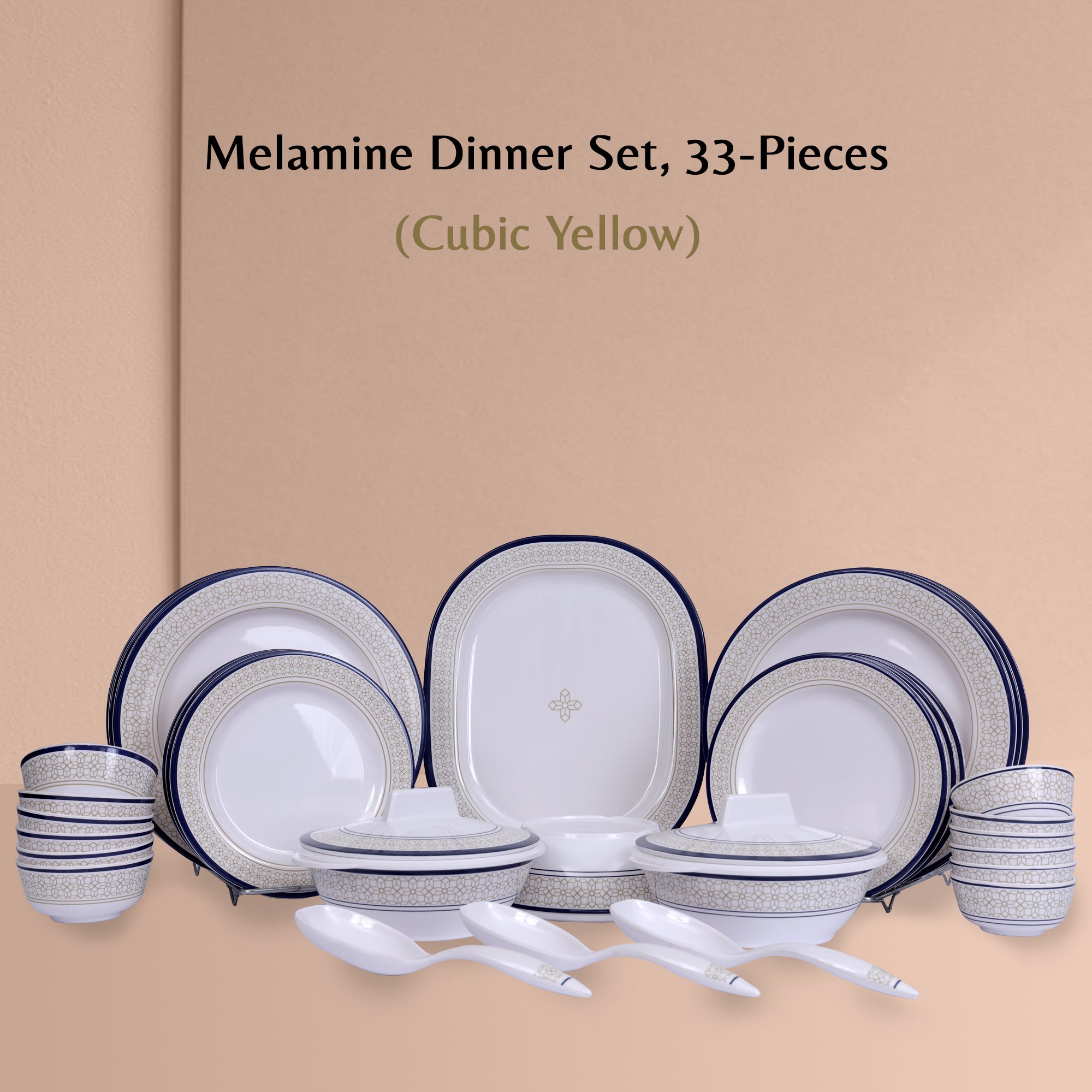 Stehlen Dinnerware, Pure melamine, Vintage, 33 Piece Kitchen Set for home- Cubic Yellow