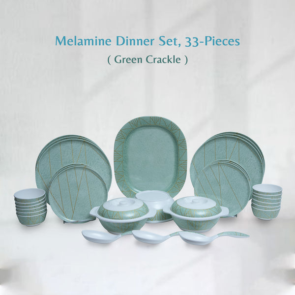 Stehlen Donna Glossy Dinnerware, Melamine, 33 Piece (6 Dinner Plate, 6 Quarter Plate, 6 Vegetable Bowl, 6 Vegetable Bowl, 2+2 Caserole with Lid, 3 Spoon,1 Platter, 1 Bowl) (Green Crackle)