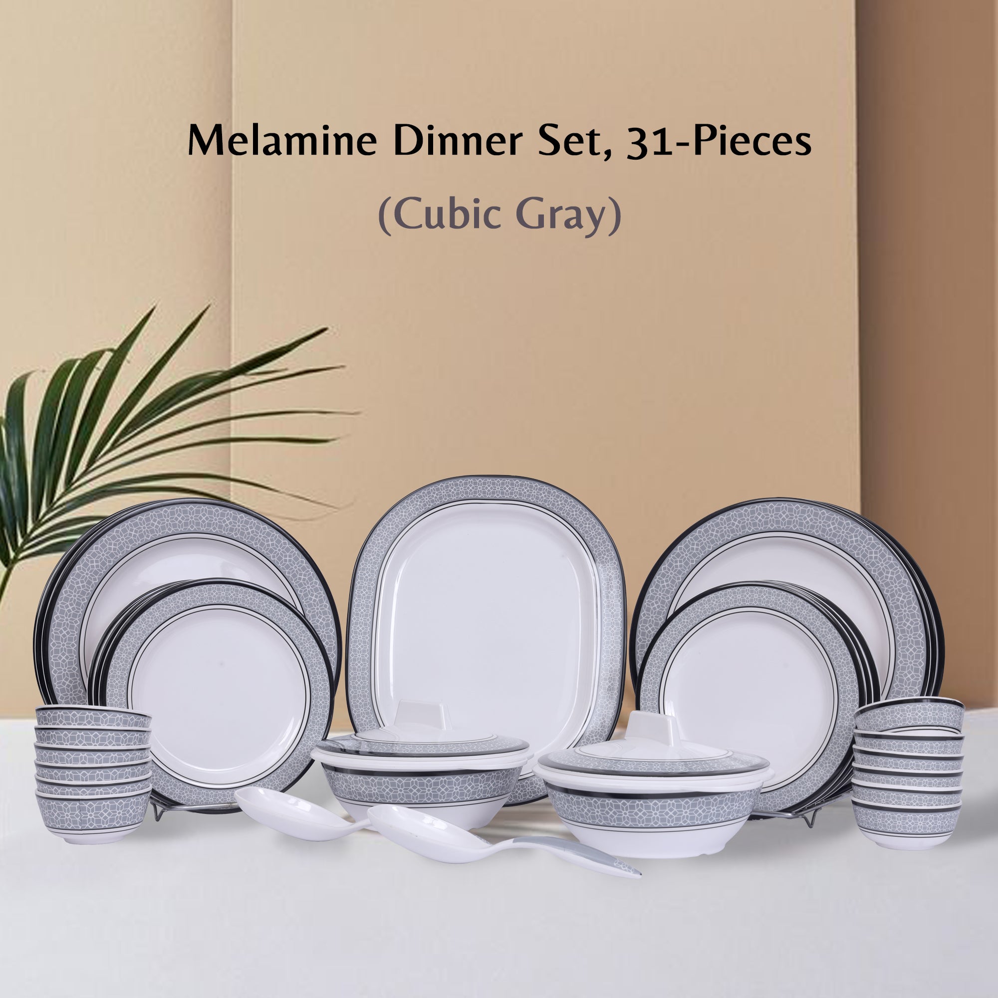 Stehlen Dinnerware, Pure melamine, Vintage, 31 Piece Kitchen Set for home- Cubic Gray