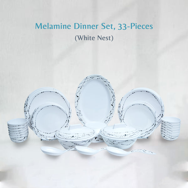 Stehlen Donna Glossy Dinnerware, Melamine, 33 Piece (6 Dinner Plate, 6 Quarter Plate, 3.75" Vegetable Bowl, 4" Vegetable Bowl, 2+2 Caserole with Lid, 3 Spoon,1 Platter, 1 Bowl)-(White Nest)