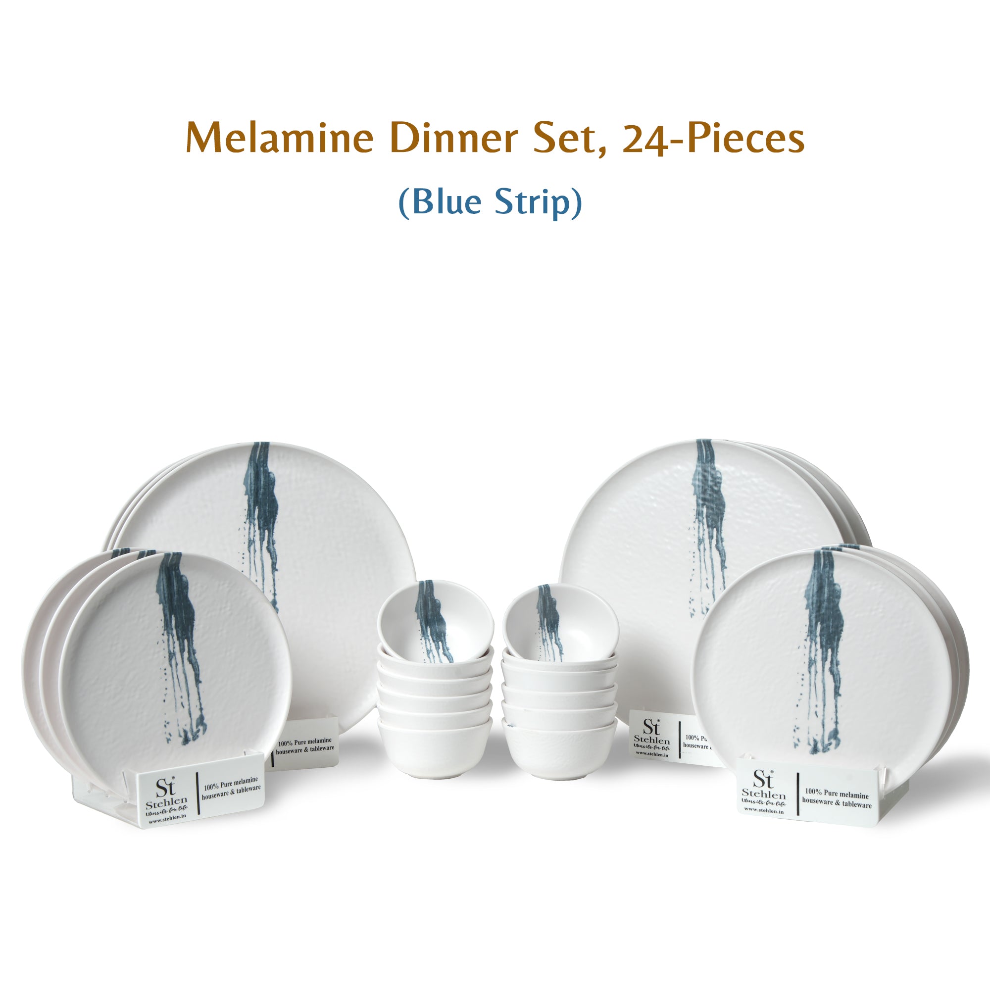 Stehlen Donna Hammered Dinnerware, Pure melamine, 24 Piece Kitchen Set for home- Blue Stripe