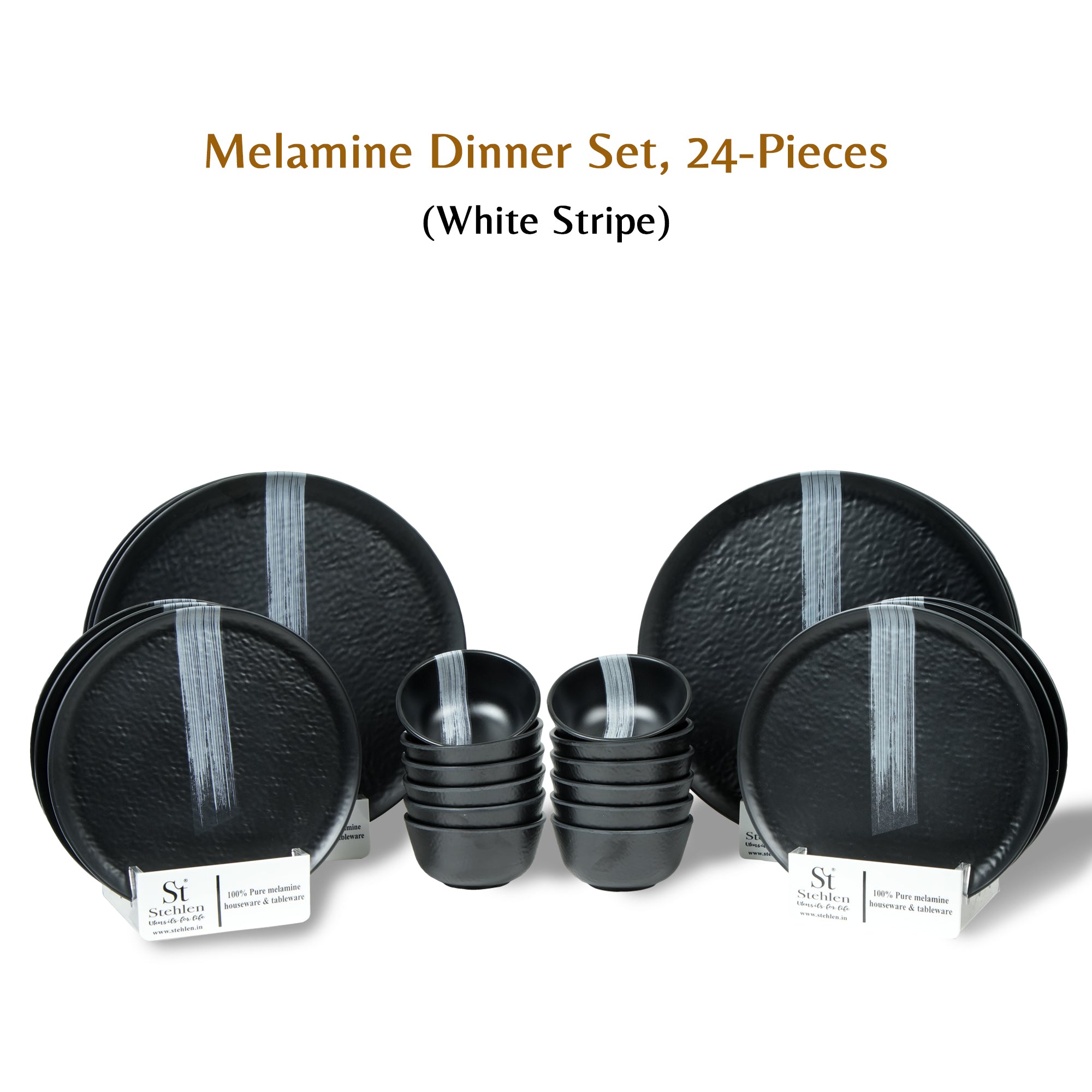 Stehlen Donna Hammered Dinnerware, Pure melamine, 24 PC Kitchen Set for home- White Stripe