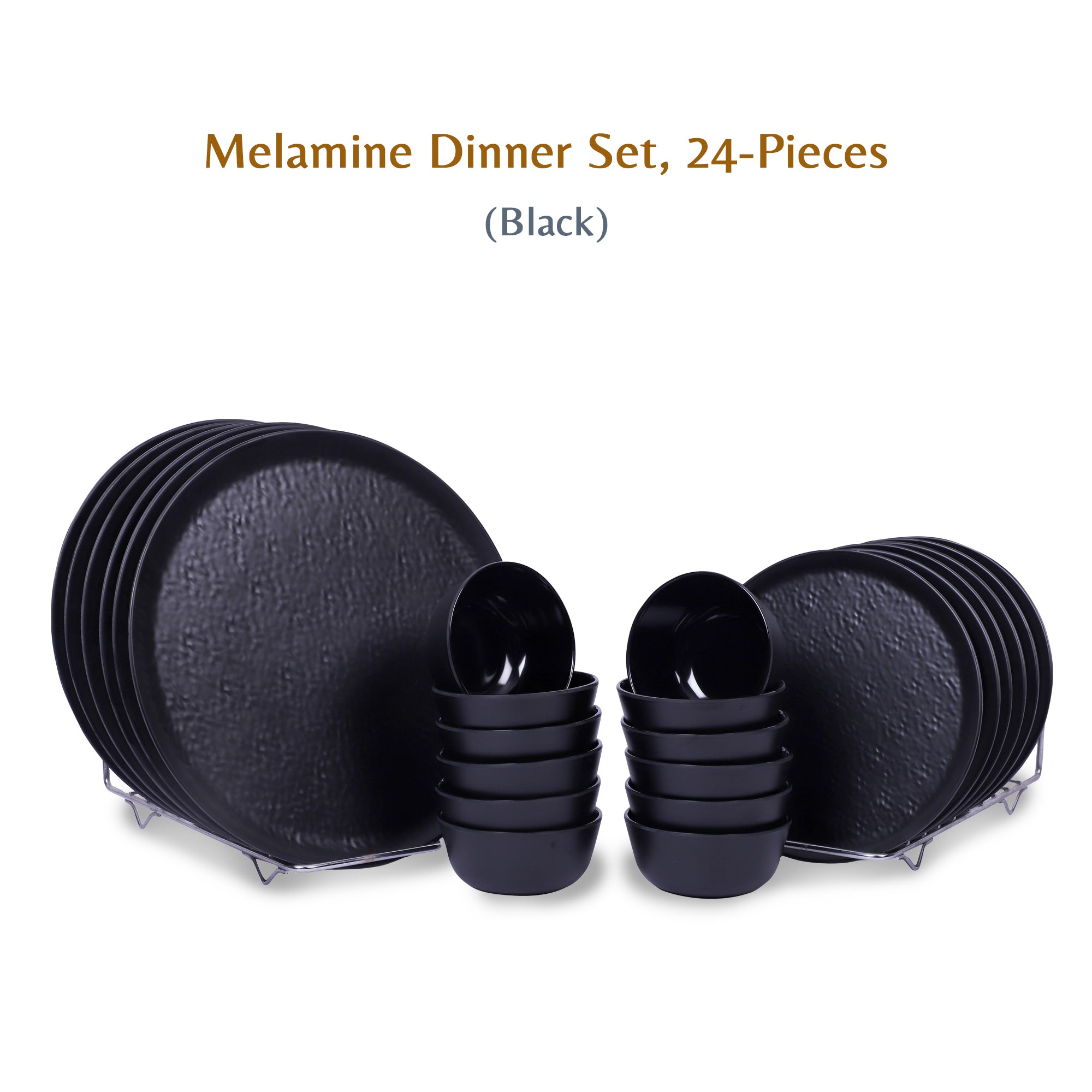 Stehlen Donna Hammered Dinnerware, Pure melamine, 24 Pieces Kitchen Set for home- Black