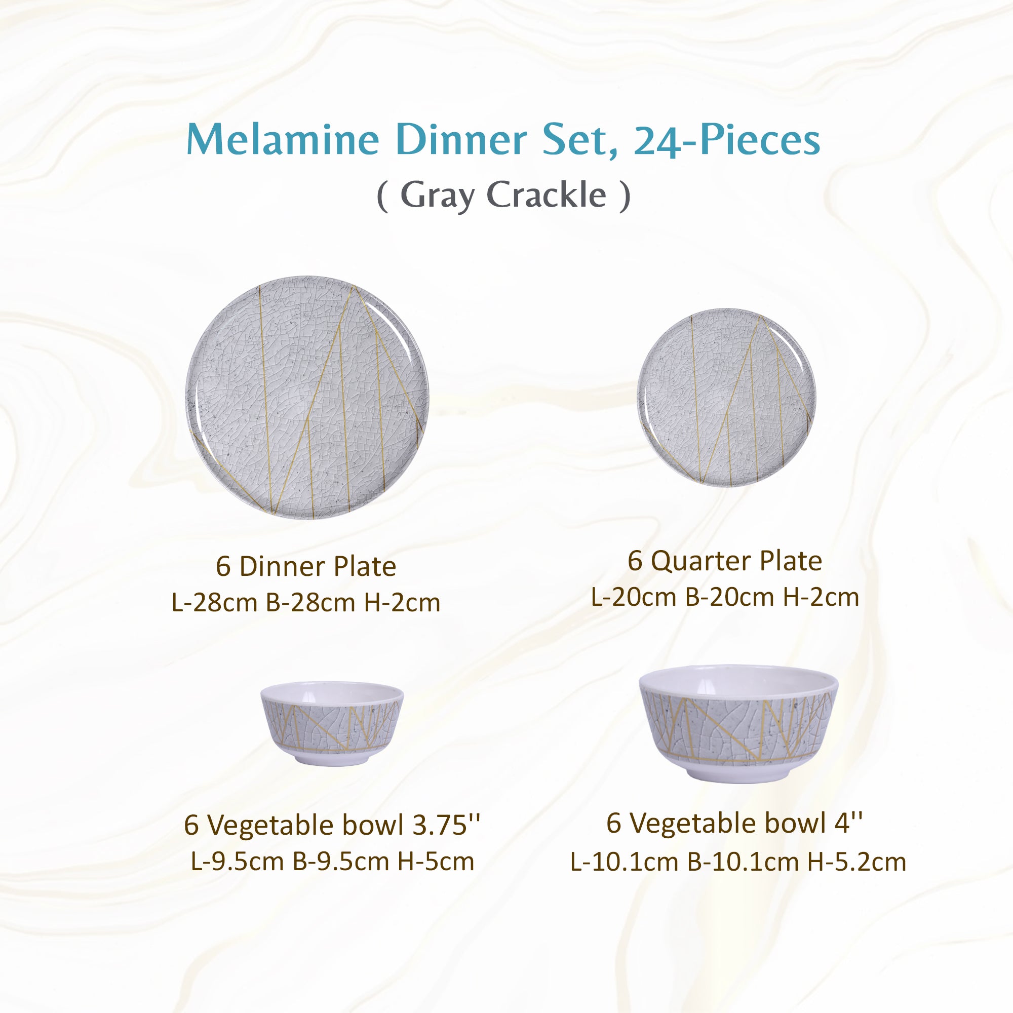 Stehlen Donna Glossy Dinnerware, Pure melamine, 24 Piece - Gray Crackle